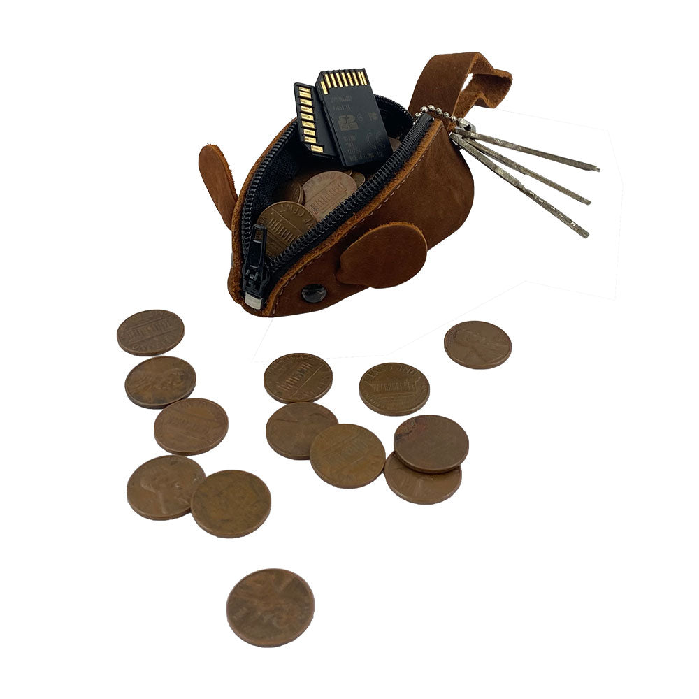 Hide & Drink Mouse Coin Pouch displayed with coins nearby, illustrating its usability as a Mouse-Shaped Coin Pouch. This versatile Change Pouch is perfect as a Pocket Case for Coins, featuring durable Full Grain Leather for a travel-friendly accessory.