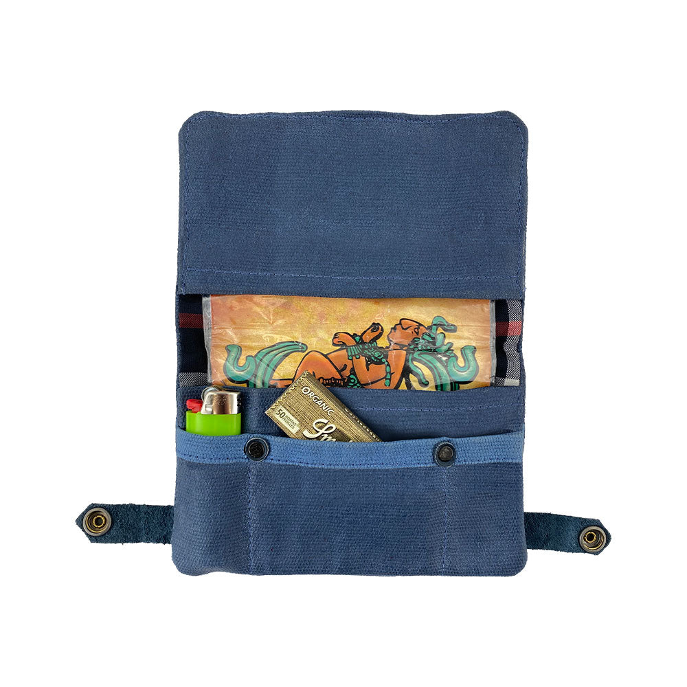 Hide & Drink Tobacco Pouch Waxed Canvas open with compartment space ideal for tobacco storage. This classic storage solution emphasizes handmade quality and artisan design, making it a must-have travel companion.