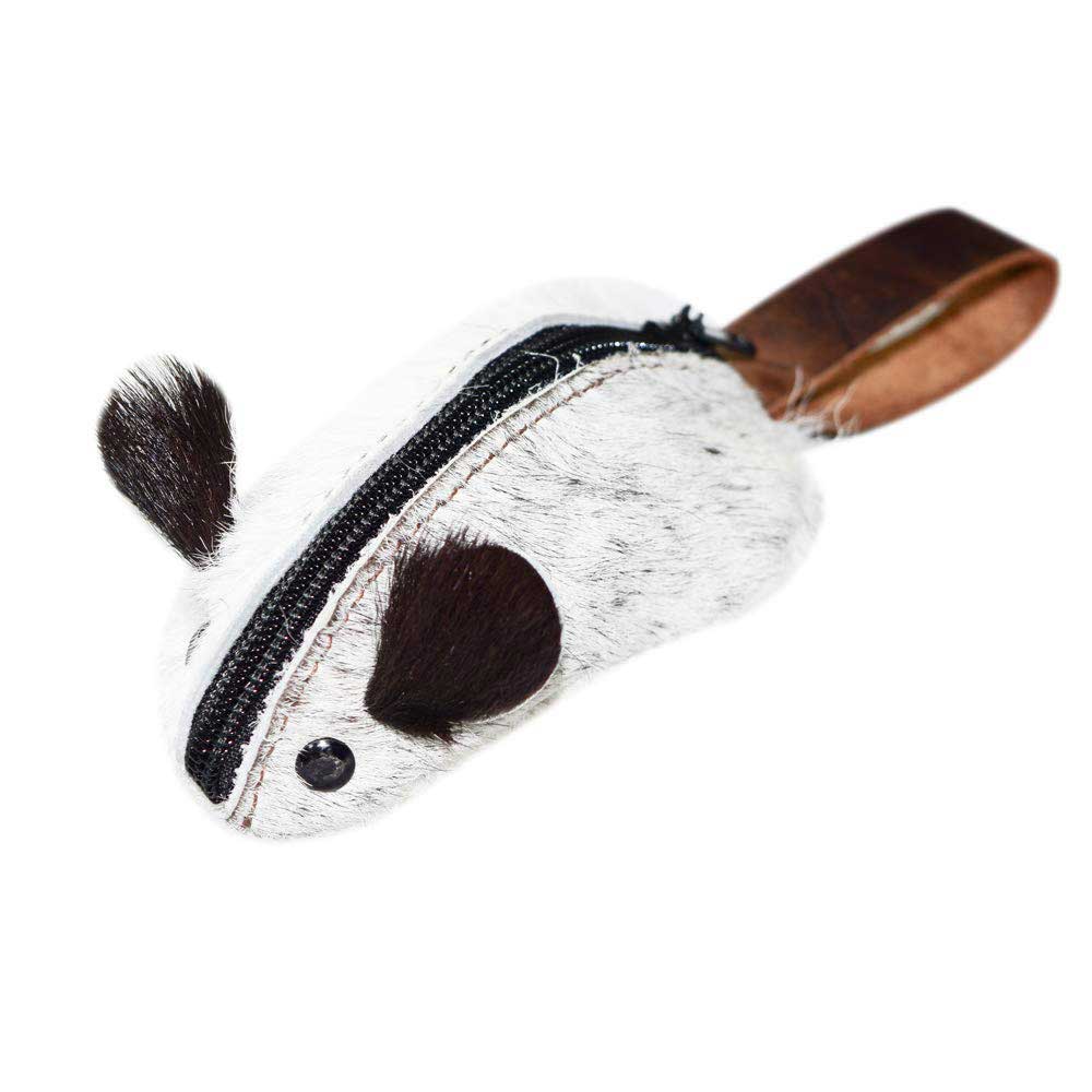 Side view of a white and brown Hide & Drink Mouse Coin Pouch, showcasing its playful design and handmade quality. This mouse-shaped change pouch is produced from full grain leather and is a charming pocket case for coins, made by artisans in La Antigua Guatemala.