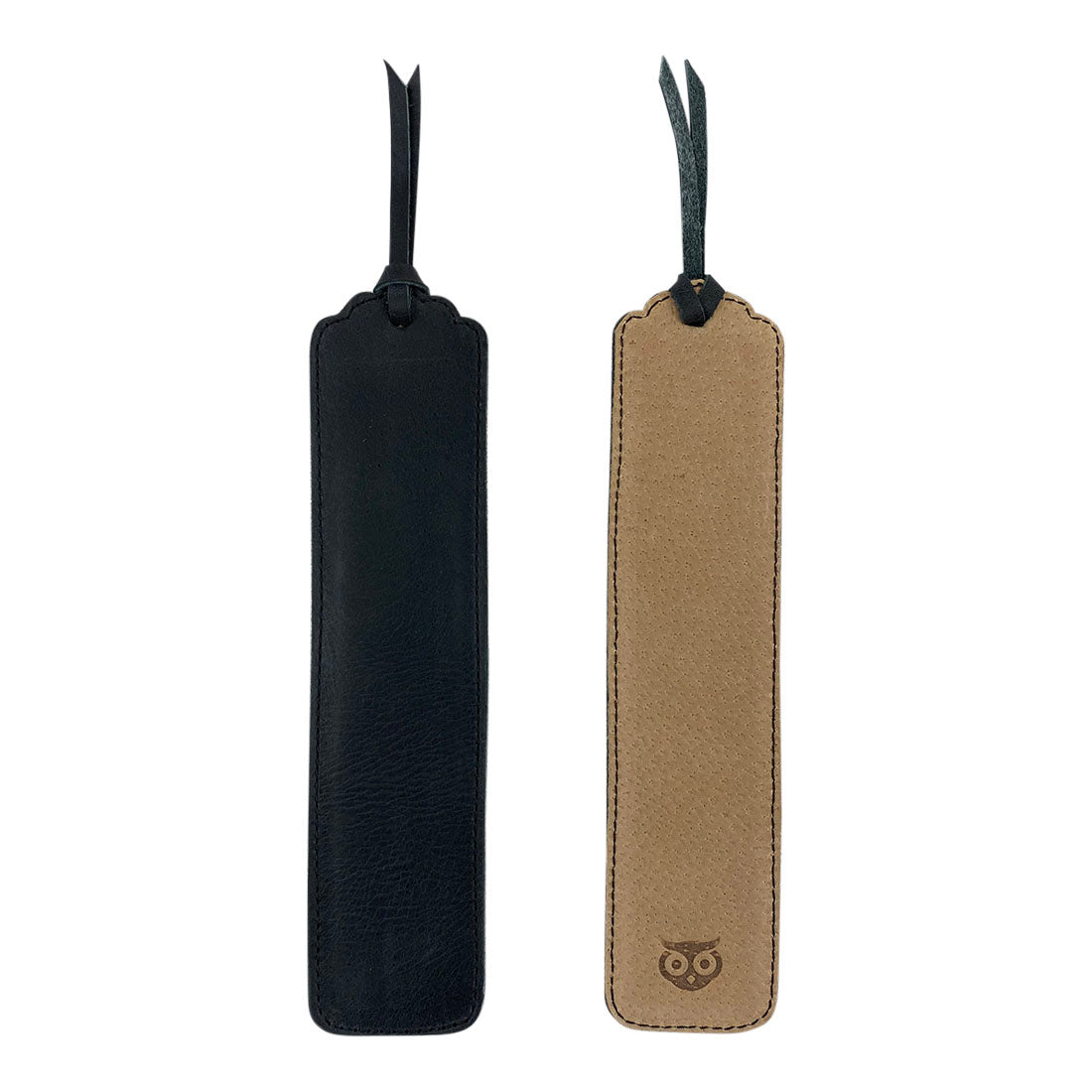 Deluxe Long Bookmark (2 Pack) by Hide & Drink, featuring a black leather bookmark shown upright. This elegant reversible page marker serves as a classic accessory for reading enthusiasts, made from full grain leather, highlighting stockyardX, small batch production, hand cut, hand sewn, fire branded, artisan craftsmanship, handmade in La Antigua Guatemala & Oaxaca Mexico.