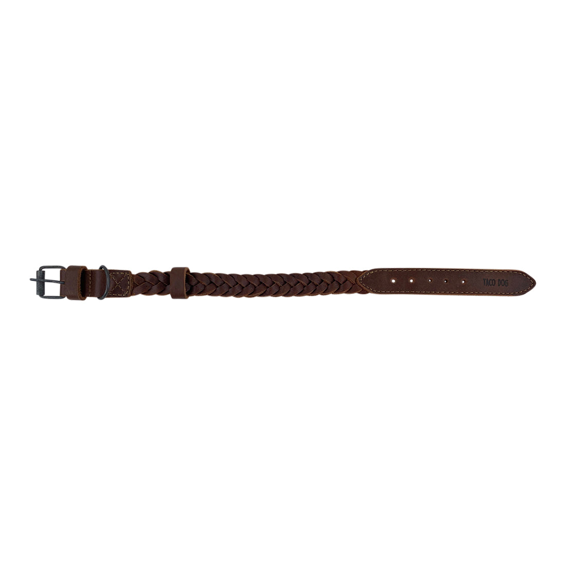 Straight view of the Braided Small Dog Collar by Taco Dog, displaying its length and design features, including the belt buckle latch for a secure fit. Crafted from full grain leather, this collar is perfect for small dogs and puppies, showcasing the artisan quality of being hand cut, hand sewn, and fire branded in La Antigua Guatemala & Oaxaca Mexico.