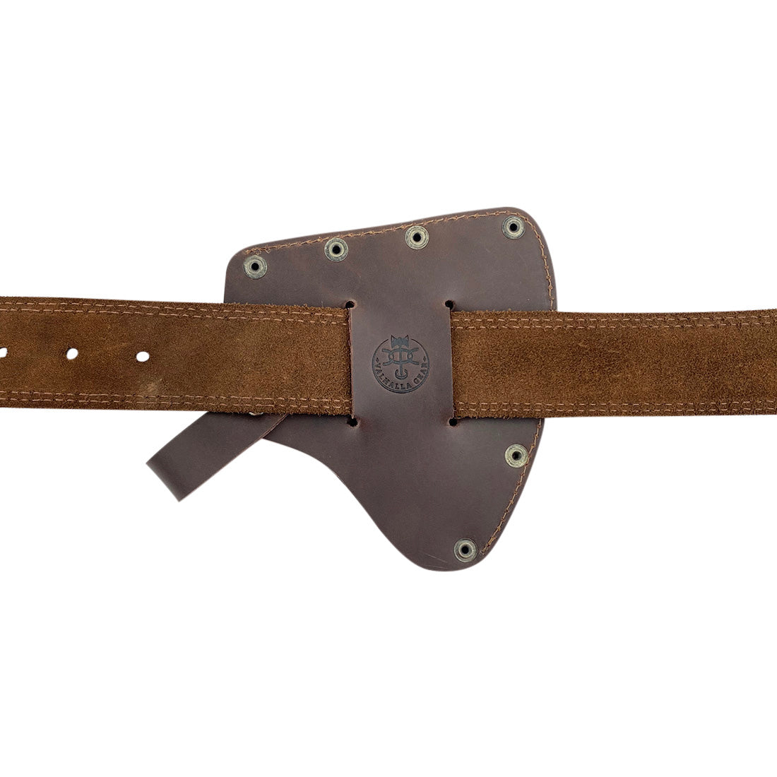 The interior of the Valhalla Gear Camper Axe Head Sheath, displaying its unique branding and high-quality full grain leather material. This handmade protector case is a reliable camping accessory that ensures safety for your hatchet blades, perfect for outdoor enthusiasts and lumberjack essentials.