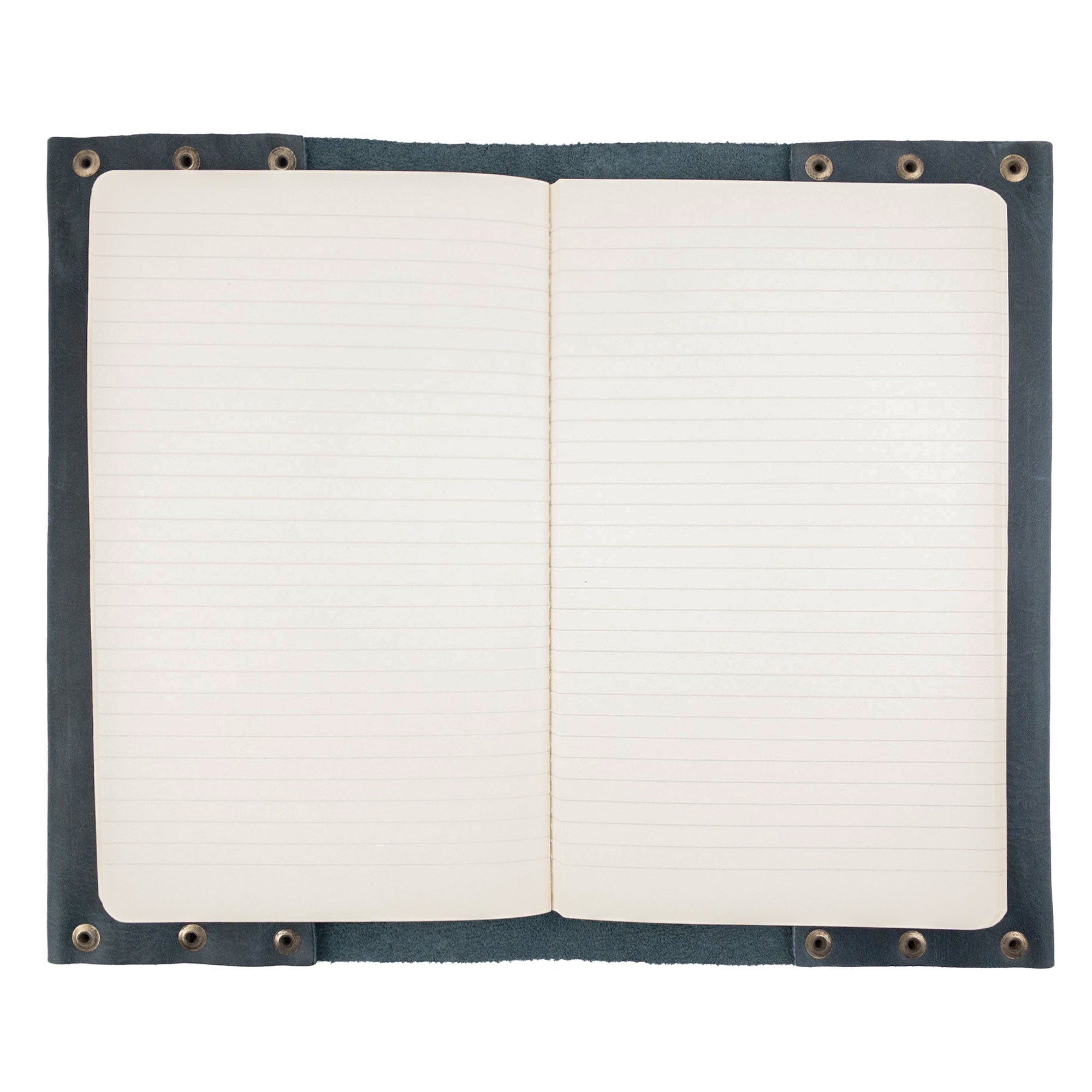 Open view of the Riveted Journal Cover (5 x 8.50 in.) by Hide & Drink, showing the lined interior perfect for notebooks not included. This full grain leather product features a vintage style and is hand cut and sewn by local artisans in La Antigua Guatemala & Oaxaca Mexico.