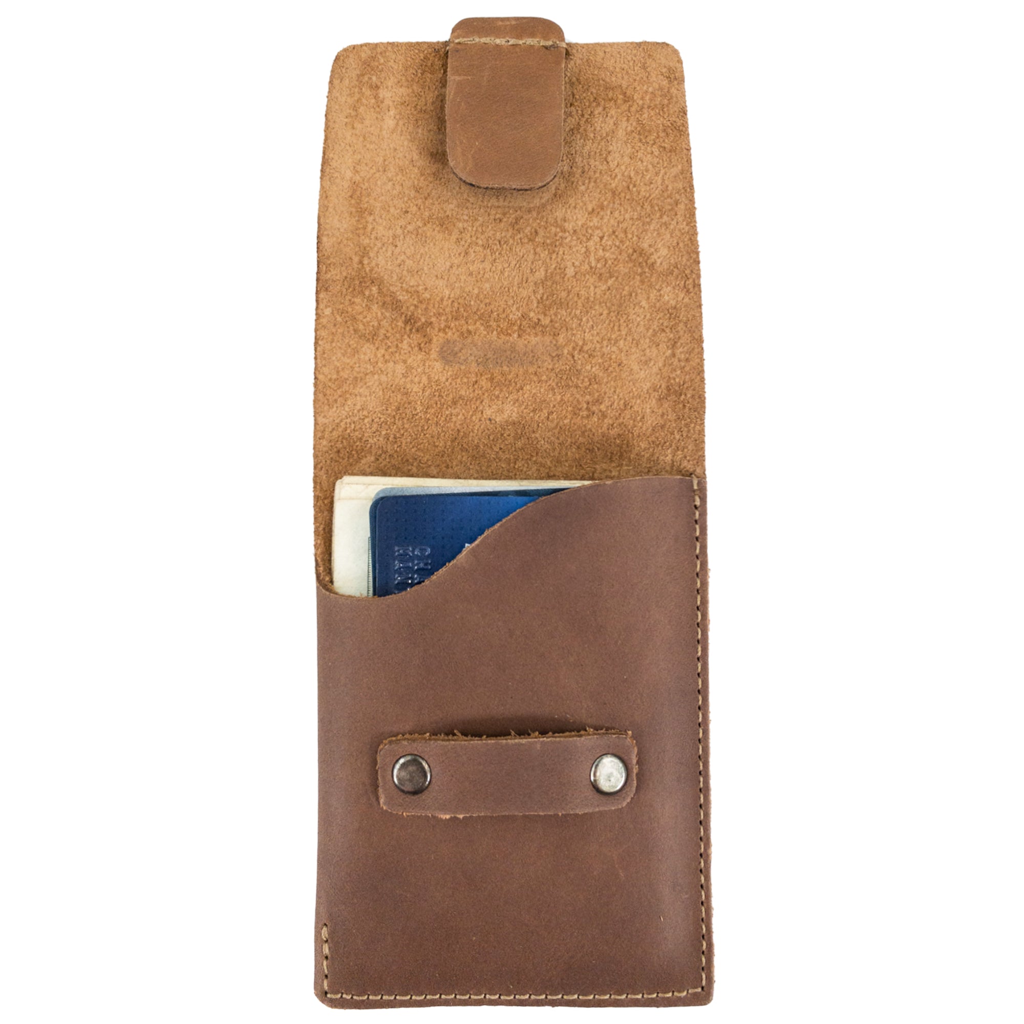 Hide & Drink Slim Card Holder pocket view, designed for minimalism and function, ideal for holding cards and money. This handmade full grain leather product showcases artisan craftsmanship from La Antigua Guatemala.