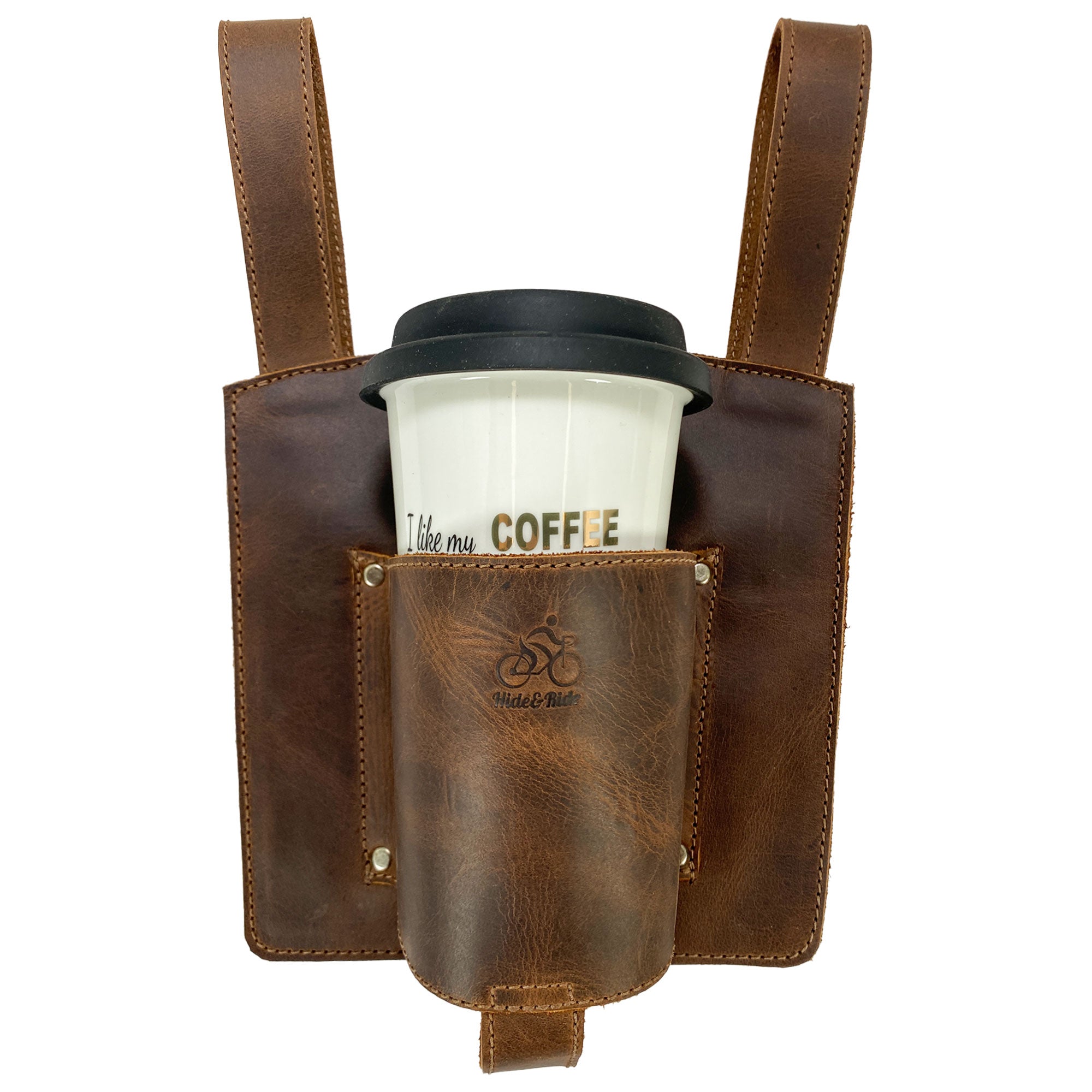 Bike Handlebar Cup Holder by Hide & Ride with a coffee cup inserted, demonstrating its practical use for daily commutes. Bike Handlebar Cup Holder Handmade from Full Grain Leather - Beverage Pouch for Commuters, Minimalist Bikers, Cyclers, Urban Nomad, Full Grain Leather, StockyardX, Small Batch Production, Hand Cut, Hand Sewn, Fire Branded, Artisan, Handmade in La Antigua Guatemala & Oaxaca Mexico.