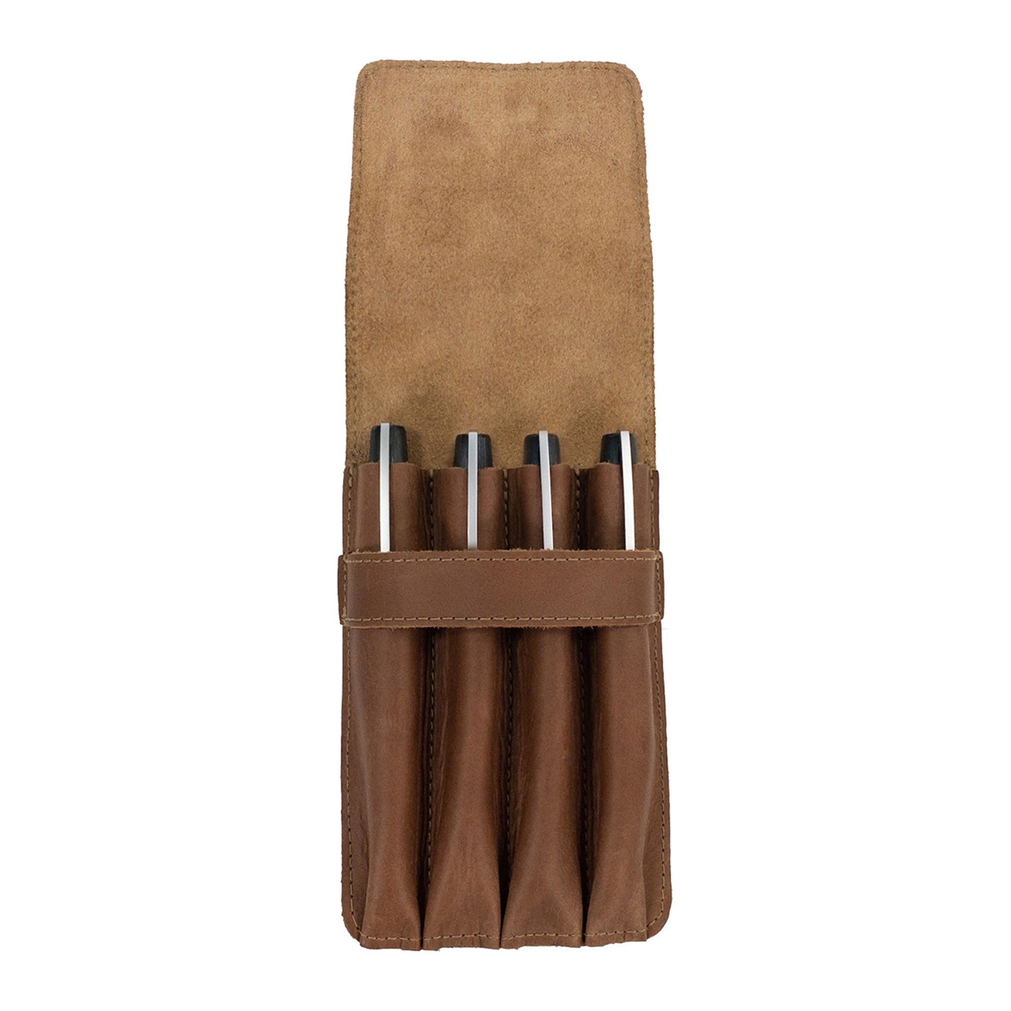 Dimensions of the Leather Worx 4-Pen Holder in light brown displayed, accentuating its sleek and practical design. This elegant pencil case emphasizes artisan quality and small batch production, highlighting hand cut and sewn details made in La Antigua Guatemala.