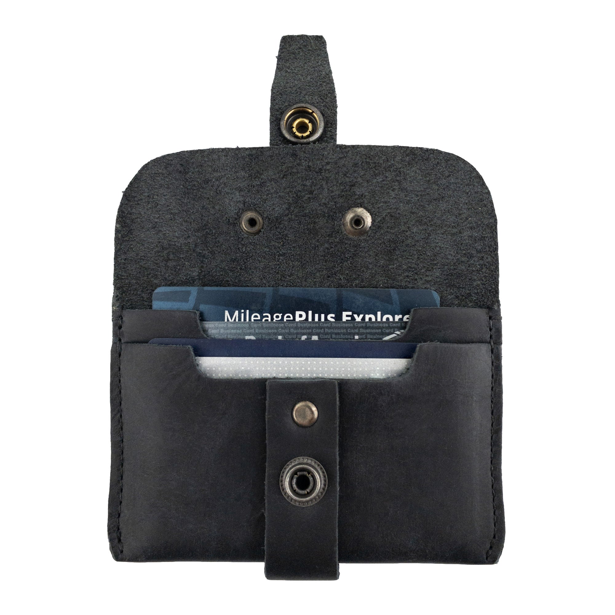 Back of Hide & Drink's black Credit Card Holder showing additional slots, emphasizing its handmade craftsmanship from quality Full Grain Leather. Ideal for a minimalist lifestyle, this artisan wallet is designed for practicality and style.