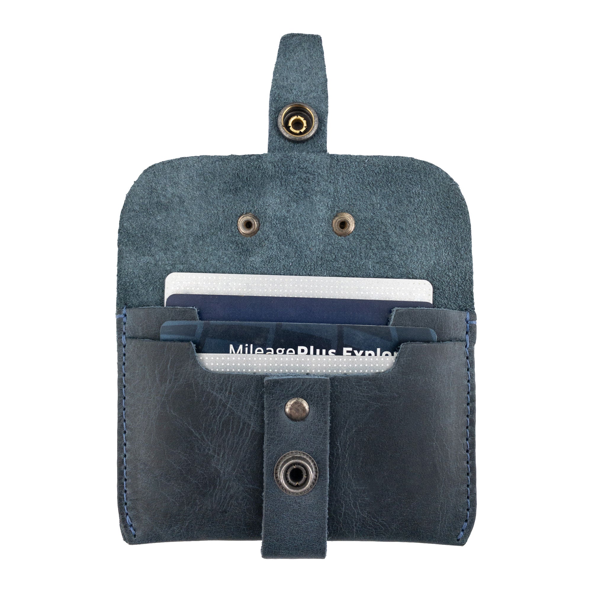 Hide & Drink's navy Credit Card Holder featuring functional card slots, made of Full Grain Leather. This handcrafted wallet embodies small batch production and artisanal design from La Antigua Guatemala.