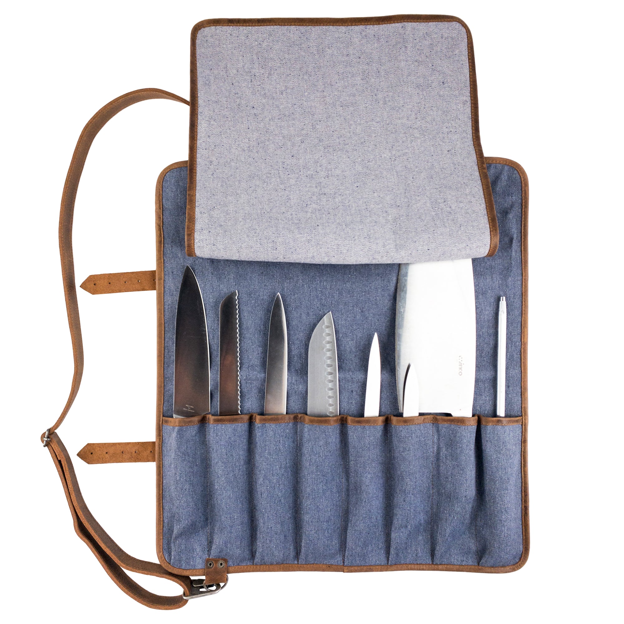 Hide & Drink Knife Roll With Water Resistant Lining (8 Pockets) displayed from the top view. A unique Chef's Knife Roll Bag (8 Pockets), perfect as a portable knife organizer for chefs.