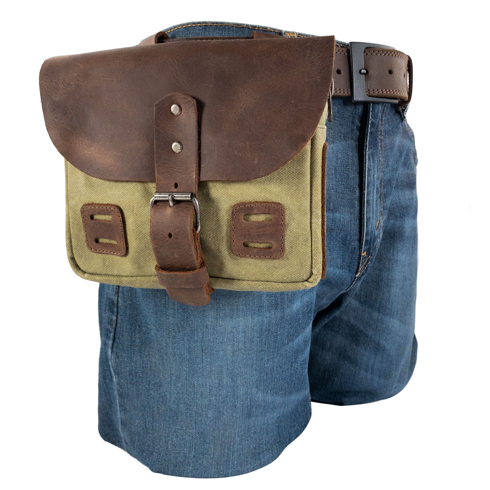 Quality front view of the Survival Camping Pouch from Hide & Drink featuring its stylish design. Made using Water Resistant Waxed Canvas & Full Grain Leather, it’s perfect for a survival kit.