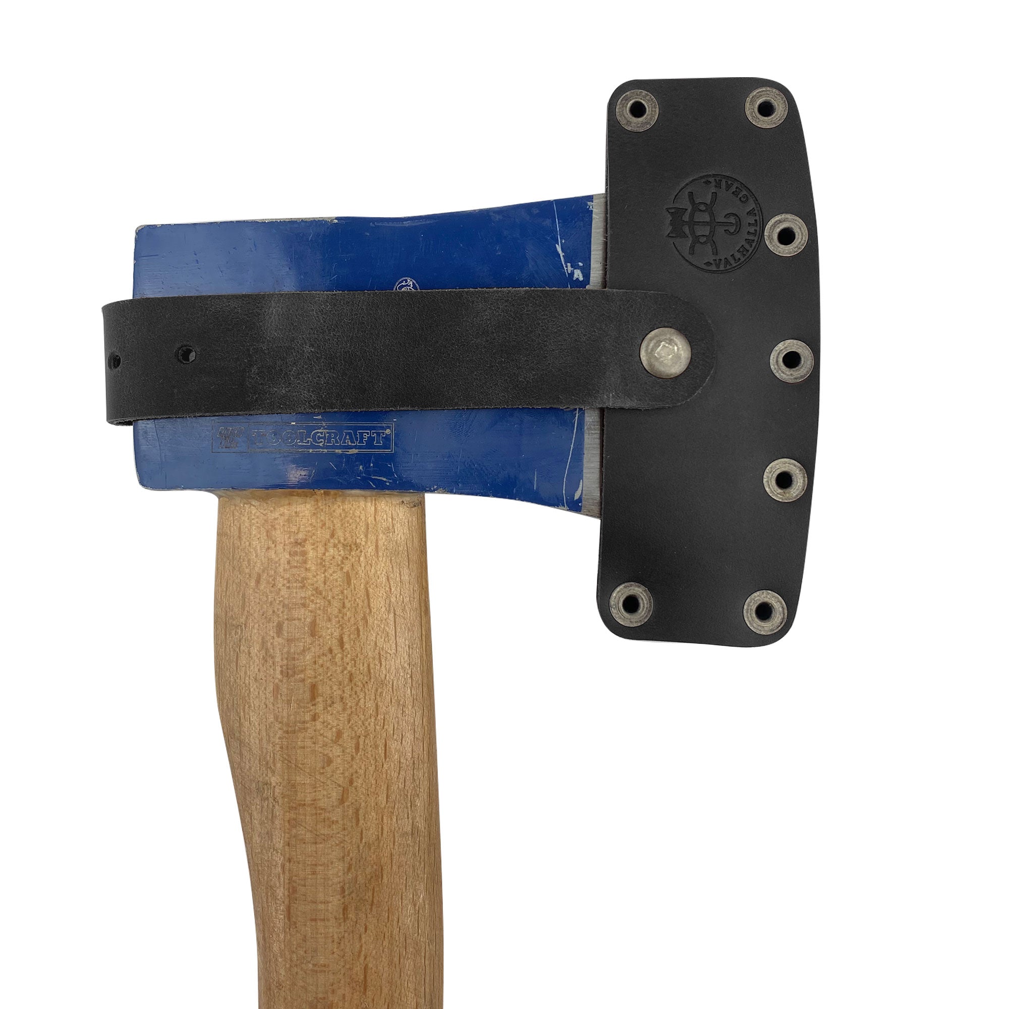 Lumberjack Axe Head Sheath by Valhalla Gear displaying intricate details and craftsmanship. This Handmade from Full Grain Leather - Protector Case is designed for effective blade safety, ideal as a camping accessory and vital for lumberjack outdoor work. This Artisan product is hand cut, hand sewn, fire branded, and made in La Antigua Guatemala & Oaxaca Mexico.