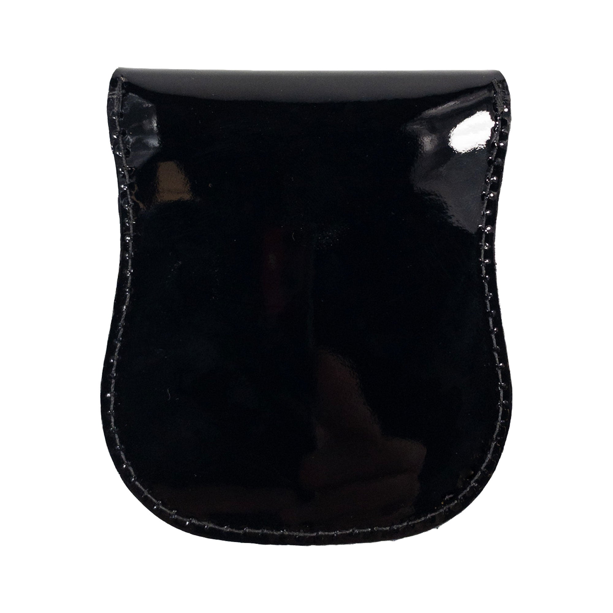 The back view of the glossy black Curvy Coin Pouch by Hide & Drink, showcasing its sleek design made from high-quality full grain leather and artisan craftsmanship.
