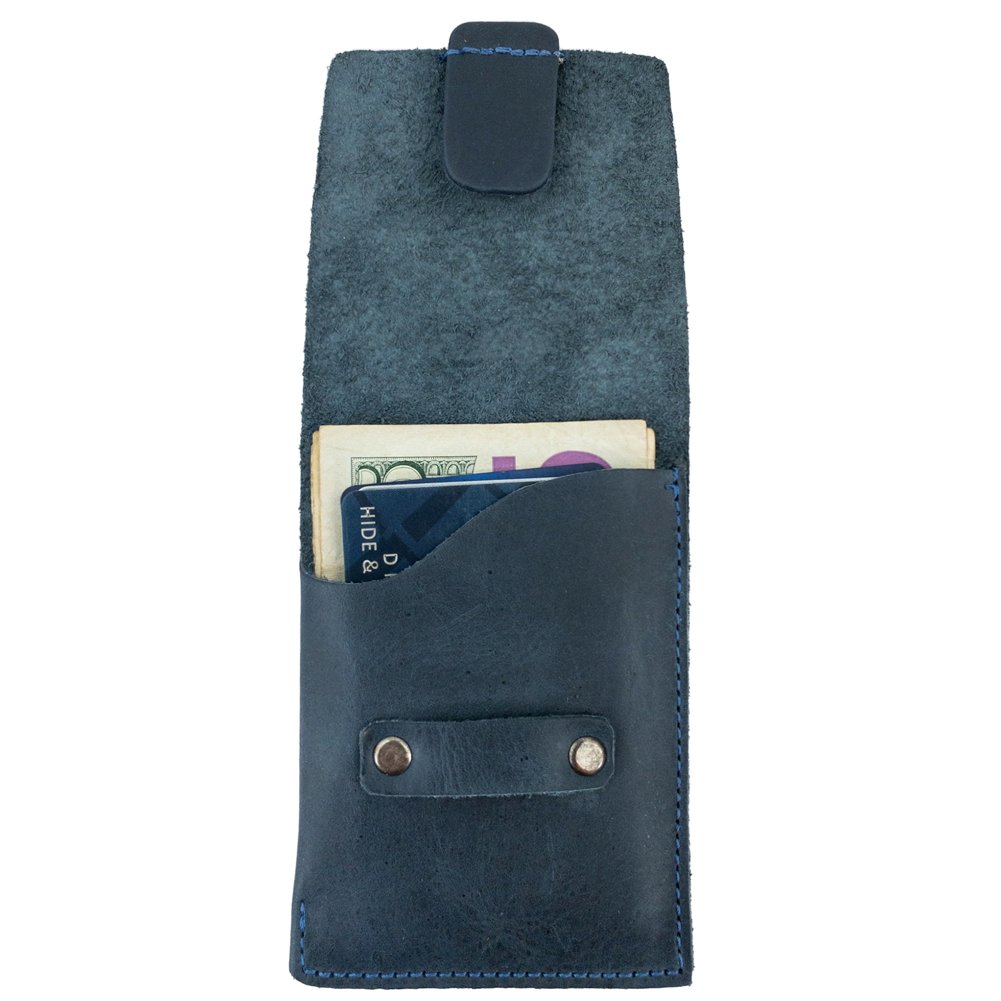 Hide & Drink Slim Card Holder displaying cash compartment, designed to organize up to 4 cards and folded bills. This full grain leather wallet highlights the artisan craftsmanship of small batch production in La Antigua Guatemala.