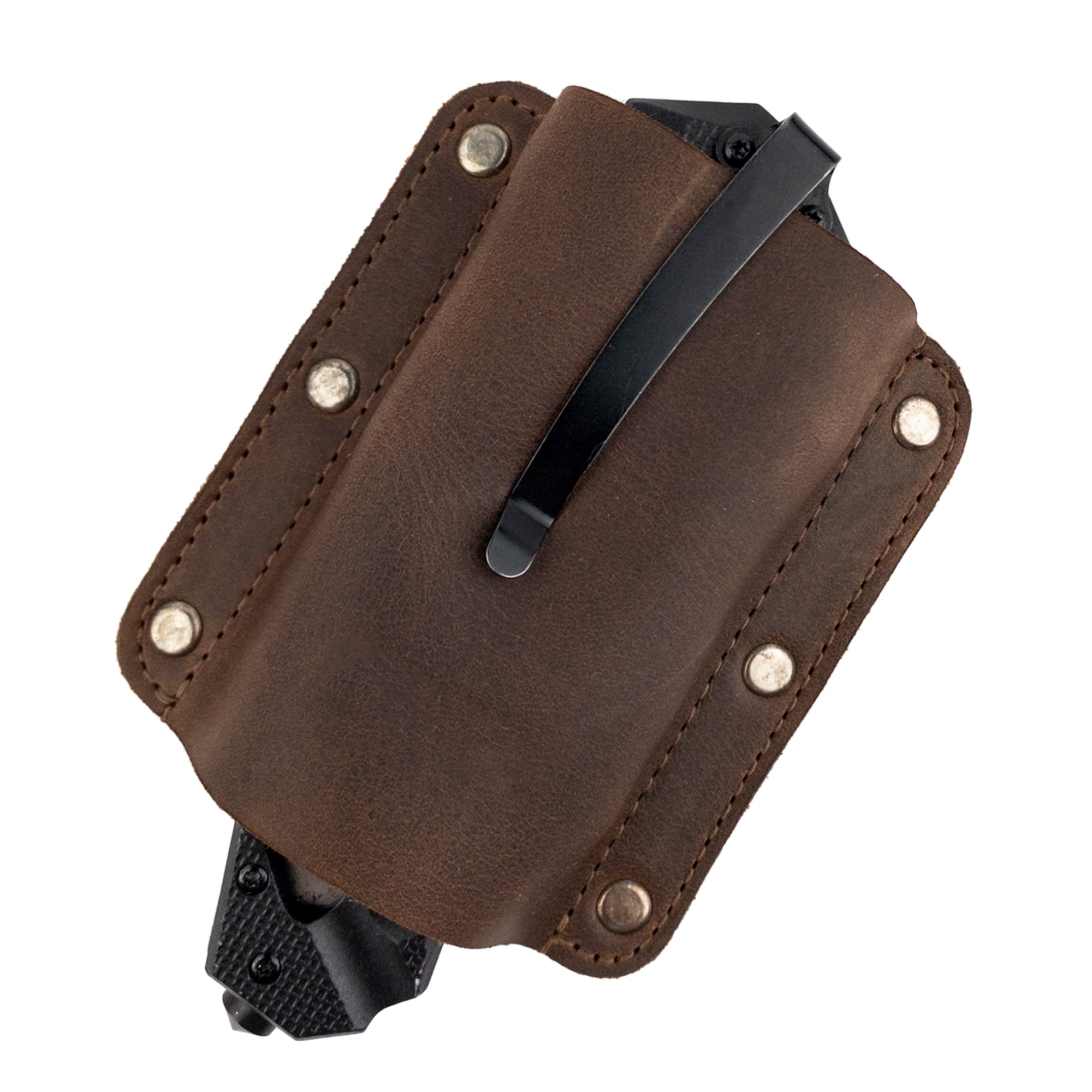 Overhead view of a Knife Sheath for Belt by Valhalla Gear featuring a knife secured within. This sturdy full grain leather Knife Holster - Horizontal Holder is an essential camping & outdoor accessory, showcasing small batch artisan production in La Antigua Guatemala & Oaxaca Mexico.