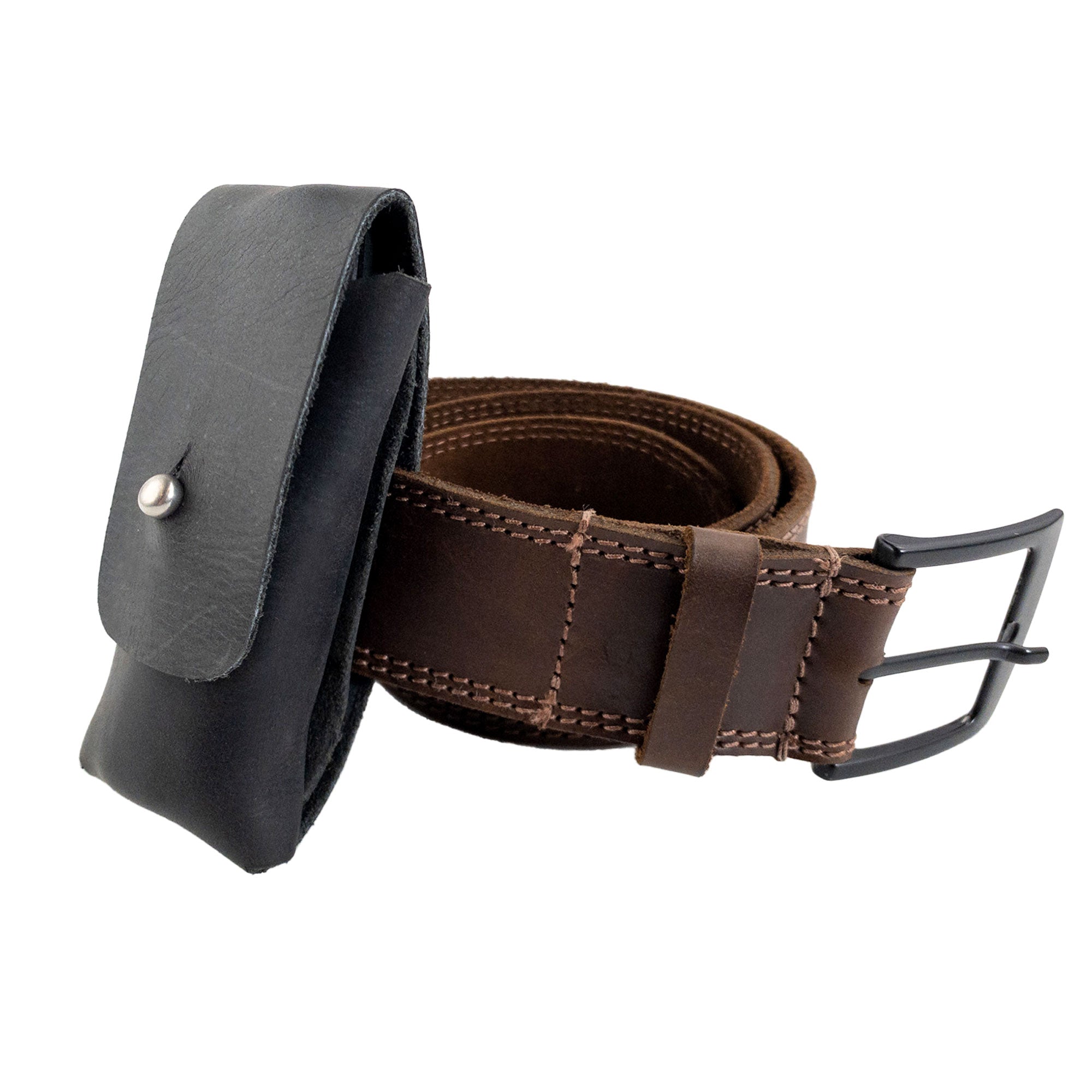 Hide & Drink Knife Case alongside a belt, made of soft yet durable black full grain leather. This riveted Swiss knife case is a stylish holster and protector for outdoor enthusiasts, showcasing small batch production techniques by artisans in Oaxaca Mexico.