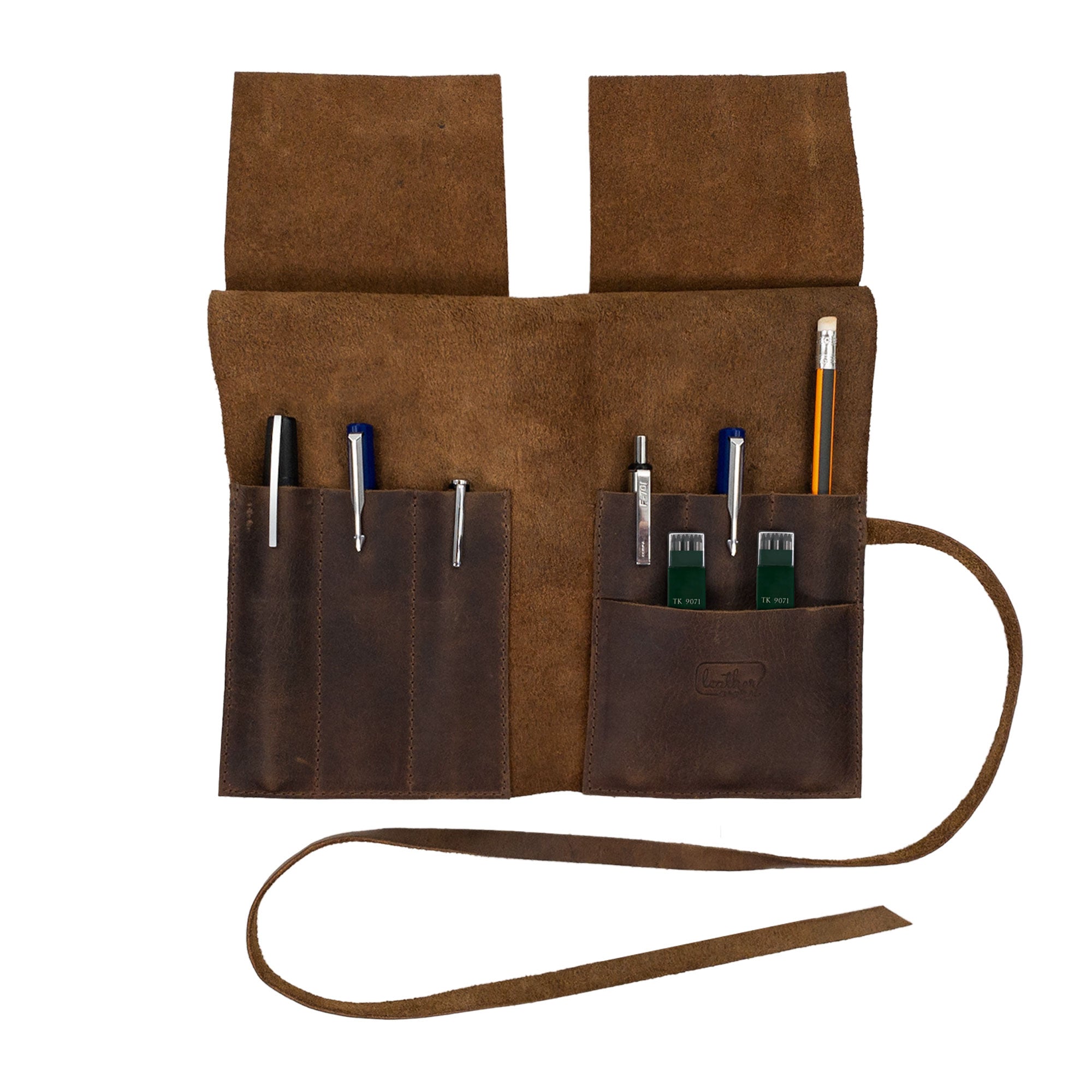 Squared Pencil Case by Leather Worx, filled with writing instruments, illustrating its practical use. Crafted from Full Grain Leather, this artisan pen organizer features hand cut and hand sewn craftsmanship, along with fire branding. Embrace the small batch production story that comes from La Antigua Guatemala & Oaxaca Mexico.