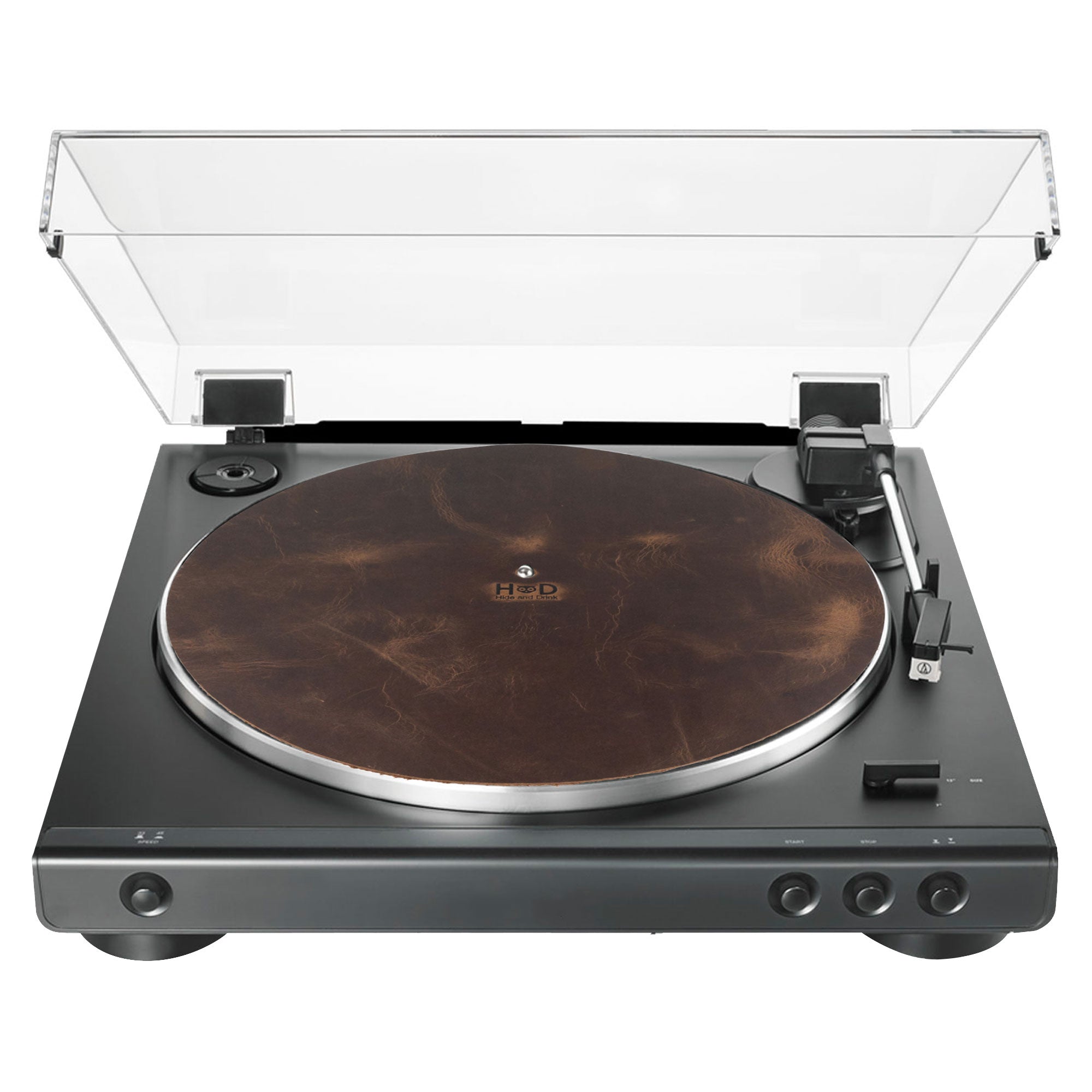 Hide & Drink Turntable Slipmat with a clear measurement of 11.75 inches, highlighting its handcrafted quality and stylish appeal. This artistic piece, made from full grain leather, serves as a classy turntable slipmat, reducing noise from static and dust while accentuating the beauty of your turntable setup.