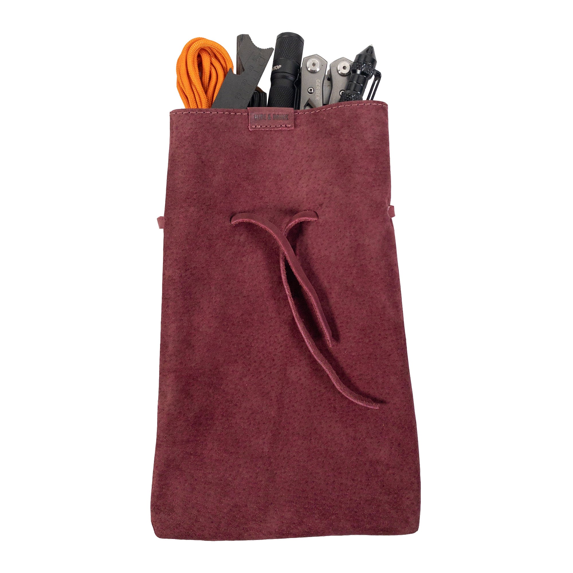 Measuring dimensions of Hide & Drink's Drawstring Sack (2 pack), displaying its ideal size for various storage purposes. Drawstring Sack (2 pack) Handmade from Sheepskin and Full Grain Leather, StockyardX, Small Batch Production, Hand Cut, Hand Sewn, Fire Branded, Artisan, Handmade in La Antigua Guatemala & Oaxaca Mexico.