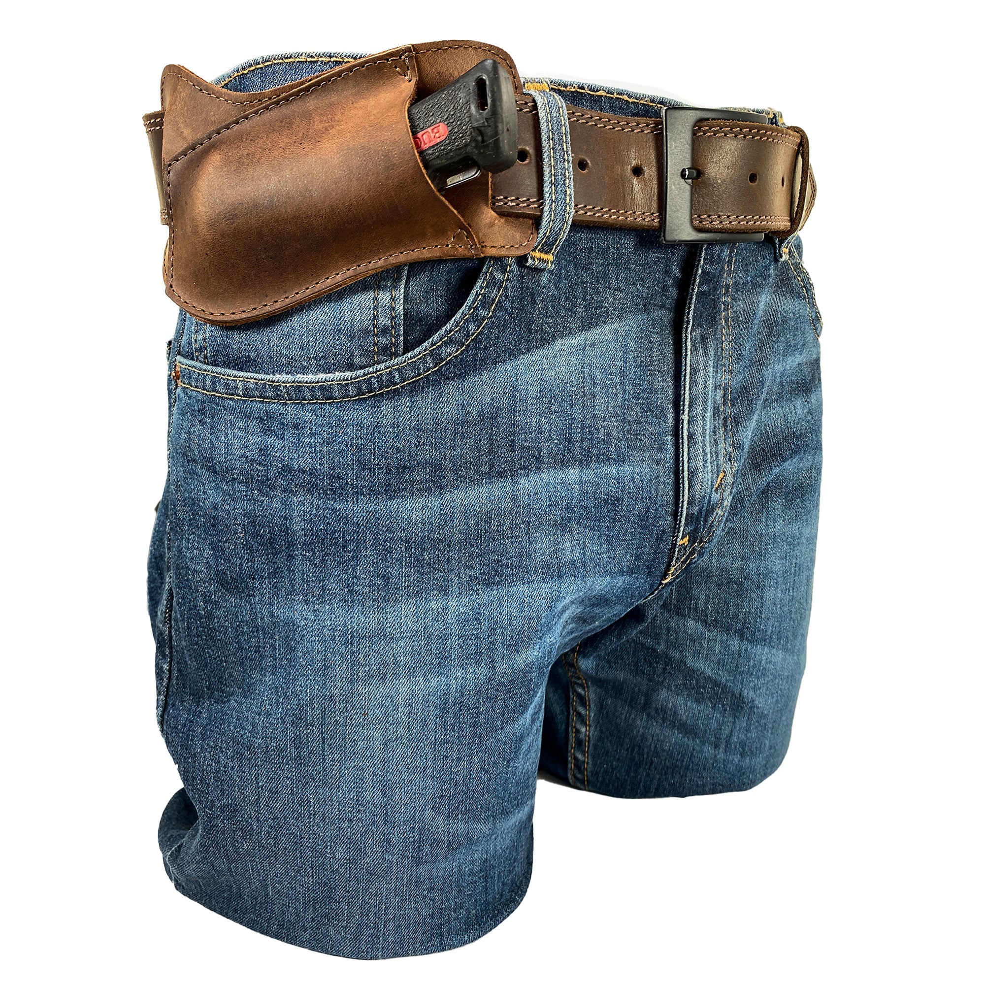 Valhalla Gear Horizontal Knife Holster attached to a belt with denim shorts, illustrating its convenient wearability and stylish appearance. Suitable for camping and outdoor adventures, this Horizontal Knife Holster - Multitool Holder, Tool Case, Camping & Outdoor Accessories, Full Grain Leather, StockyardX, Small Batch Production, Hand Cut, Hand Sewn, Fire Branded, Artisan, Handmade in La Antigua Guatemala & Oaxaca Mexico.