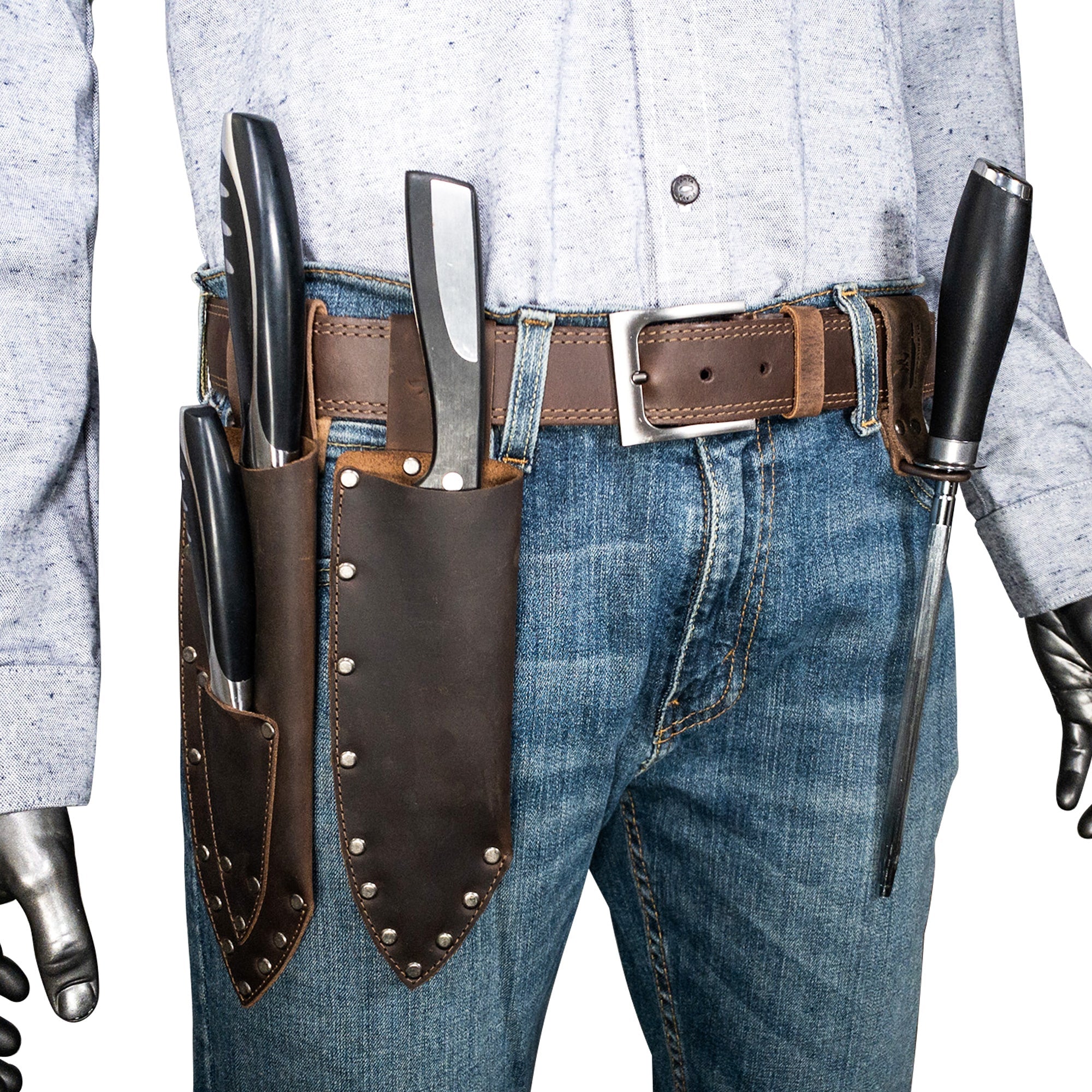Knife Set Holder (3 Pieces) displayed by Cast Leather Co., made with high-quality Full Grain Leather. This artisan piece is hand cut, hand sewn, and fire branded, reflecting the dedication of small batch production for lasting quality in every kitchen.