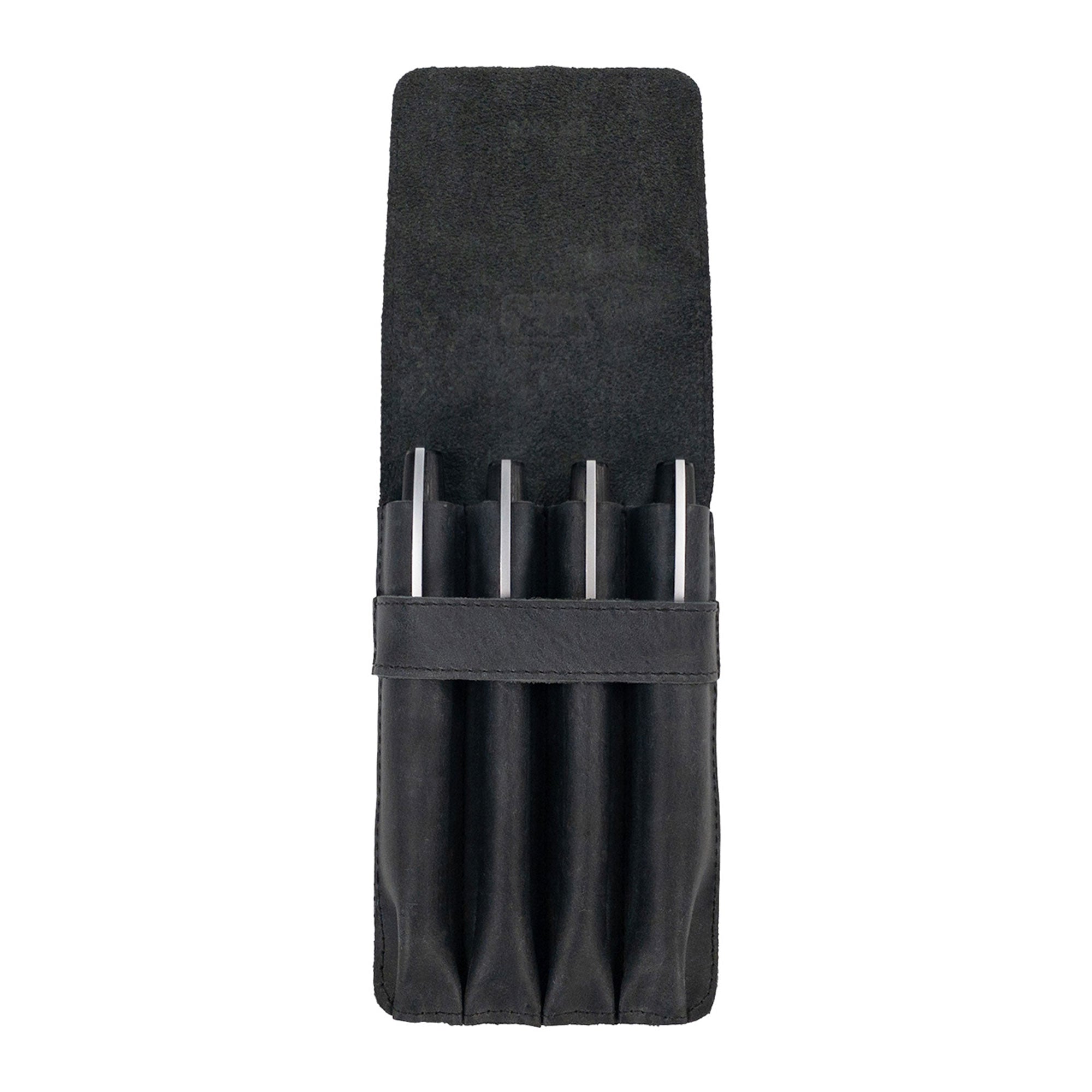 Inside view of the Leather Worx 4-Pen Holder in black leather, revealing its soft lining and perfect fit for four pens or pencils. This classic storage solution embodies artisanal craftsmanship with hand sewn details and fire branding, made with care in La Antigua Guatemala.
