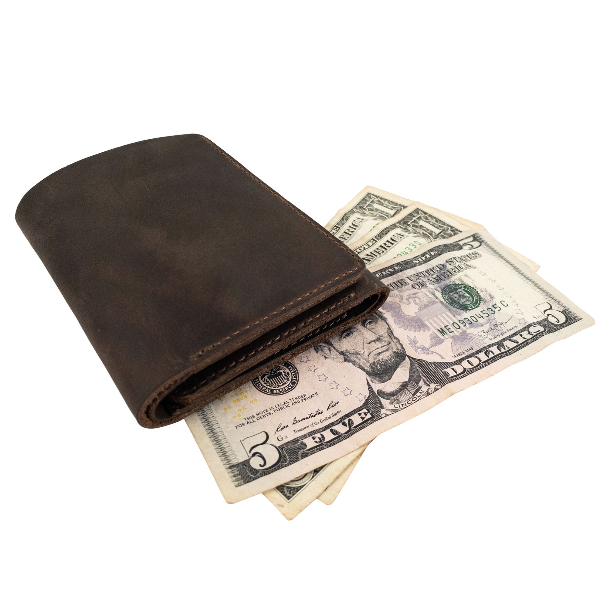 The Classic Trifold Wallet by Hide & Drink, elegantly placed with cash, exemplifying its durable Full Grain Leather. A testament to Artisan, Hand Cut, and Hand Sewn expertise from La Antigua Guatemala & Oaxaca, Mexico.