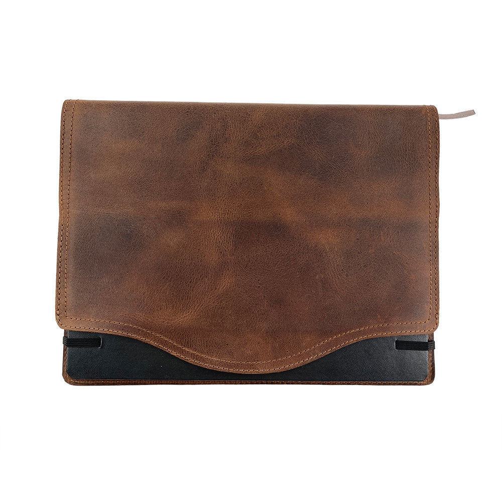 The stylish back view of the Hard Cover Notebook Protector (Notebook NOT Included) by Hide & Drink, emphasizing its rich texture. This journal cover works with Moleskine Hard Cover Sketchbook XXL Size (8.5 x 11 in.), Notebook NOT Included, made from premium Full Grain Leather, part of StockyardX’s small batch production with techniques like hand cut, hand sewn, and fire branded by skilled artisans, handmade in La Antigua Guatemala & Oaxaca Mexico.
