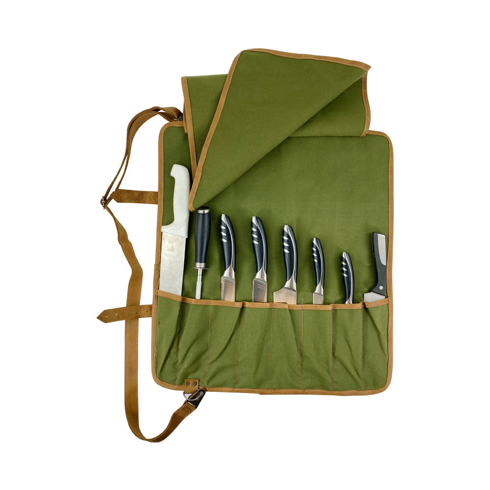Hide & Drink Knife Roll With Water Resistant Lining (8 Pockets) featuring detailed stitching. Ideal Chef's Knife Roll Bag (8 Pockets), combines elegance with functionality as a portable knife organizer.