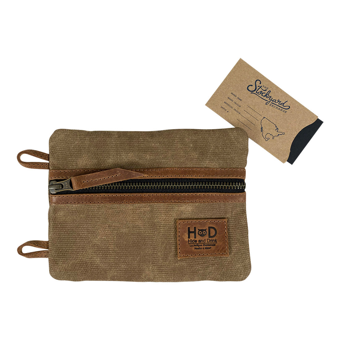Multi-tool Pocket Pouch - XL by Hide & Drink featuring a business card next to the pouch, highlighting its style as a thoughtful gift for any tool lover. Multi-Tool Pocket Pouch XL, Compact Multipurpose EDC Zippered Bag, Knife Holster, Handmade Slim Organizer, Waxed Canvas, StockyardX, Small Batch Production, Hand Cut, Hand Sewn, Artisan, Handmade in La Antigua Guatemala & Oaxaca Mexico.