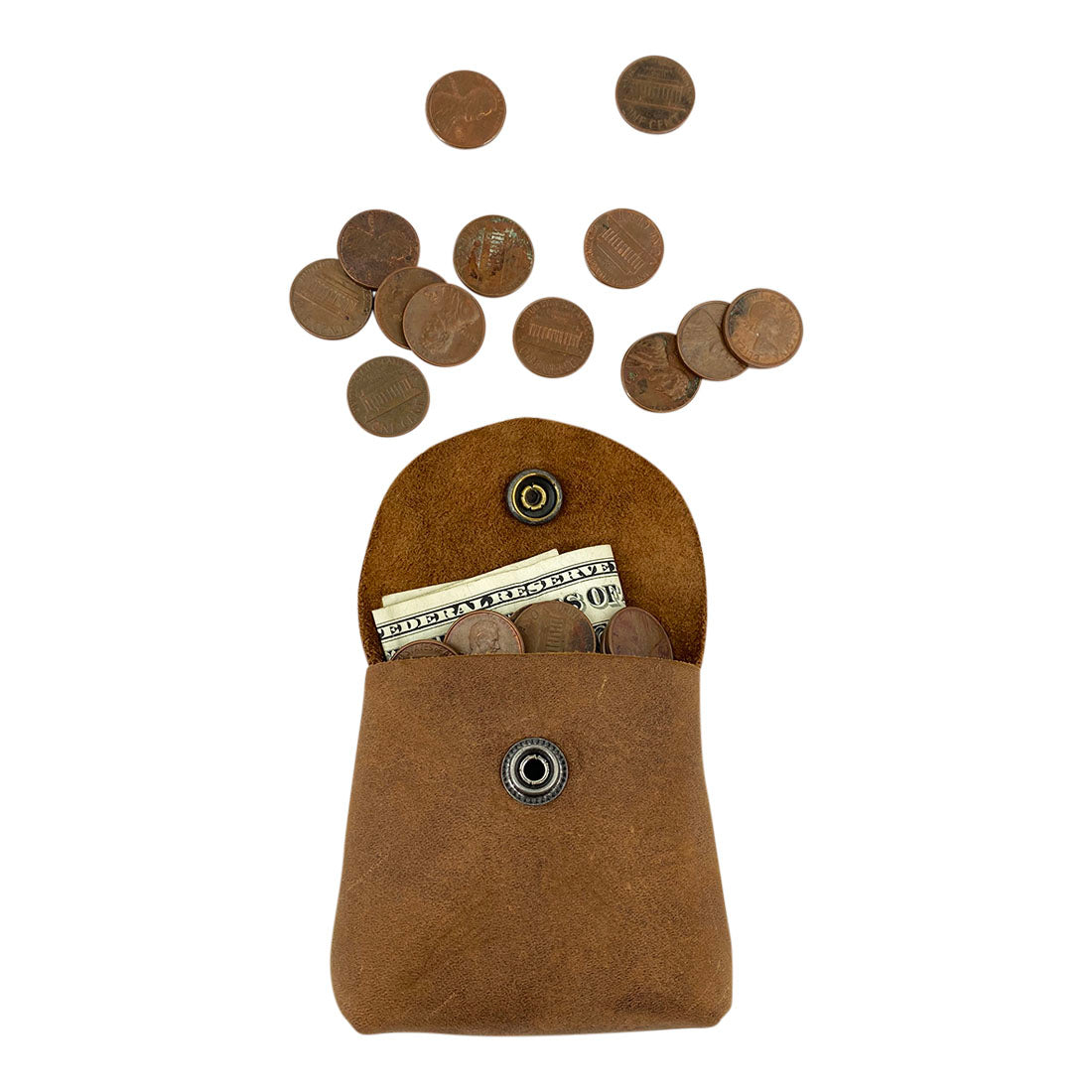 The Vintage Coin Pouch from Hide & Drink filled with coins and a dollar bill, showcasing its practicality and stylish design. Perfect for everyday use, this pouch is a demonstration of fine artisan craftsmanship. Cigarette Pack Cover/Holder/Tobacco Case/Accessories, Full Grain Leather, StockyardX, Small Batch Production, Hand Cut, Hand Sewn, Fire Branded, Artisan, Handmade in La Antigua Guatemala & Oaxaca Mexico.