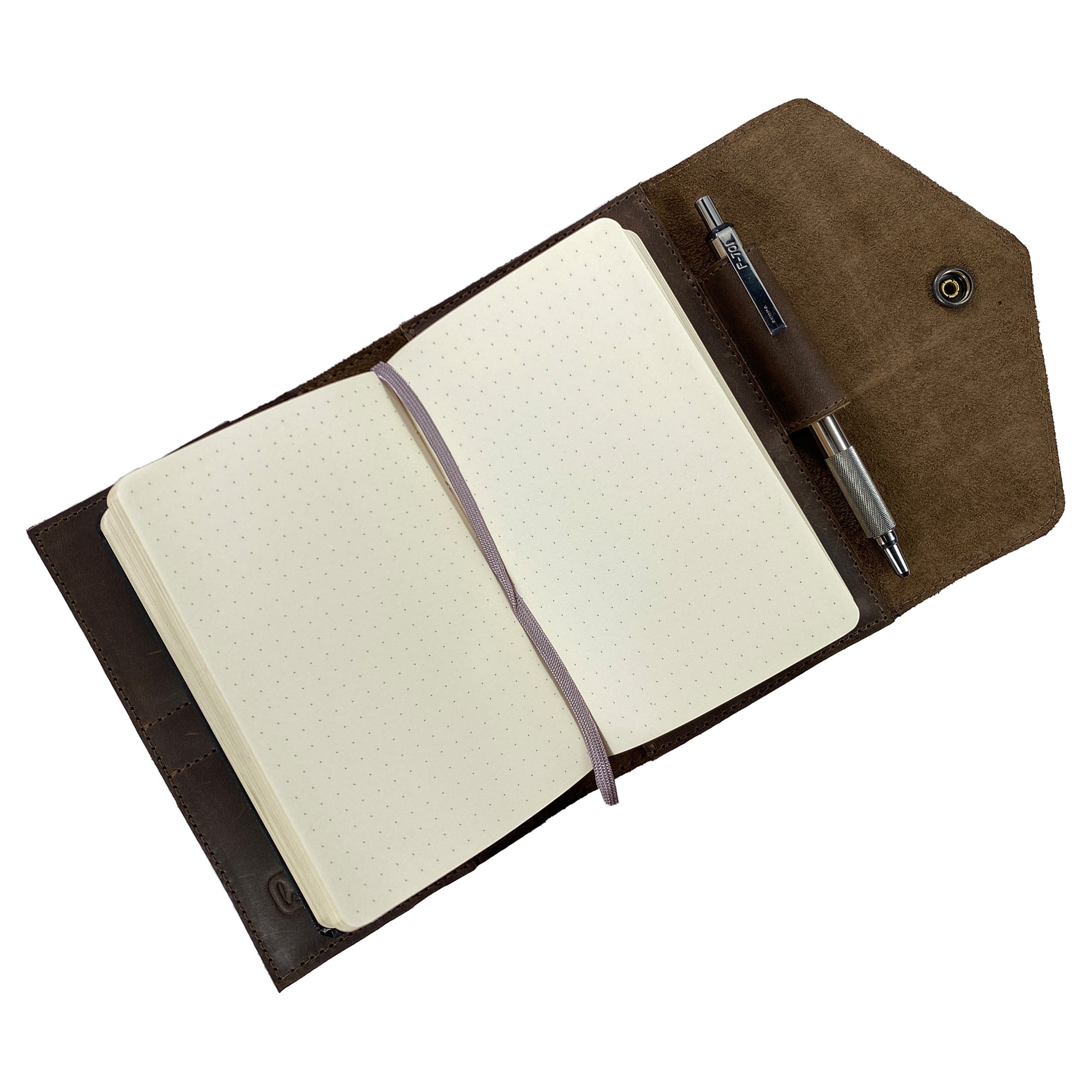 Showing the Leather Worx Pocket Notebook Cover for Moleskine (3.5 x 5.5 in.) with a blank notebook inside, demonstrating its ideal fit. This Full Grain Leather cover is handmade and offers a sturdy, classy look.