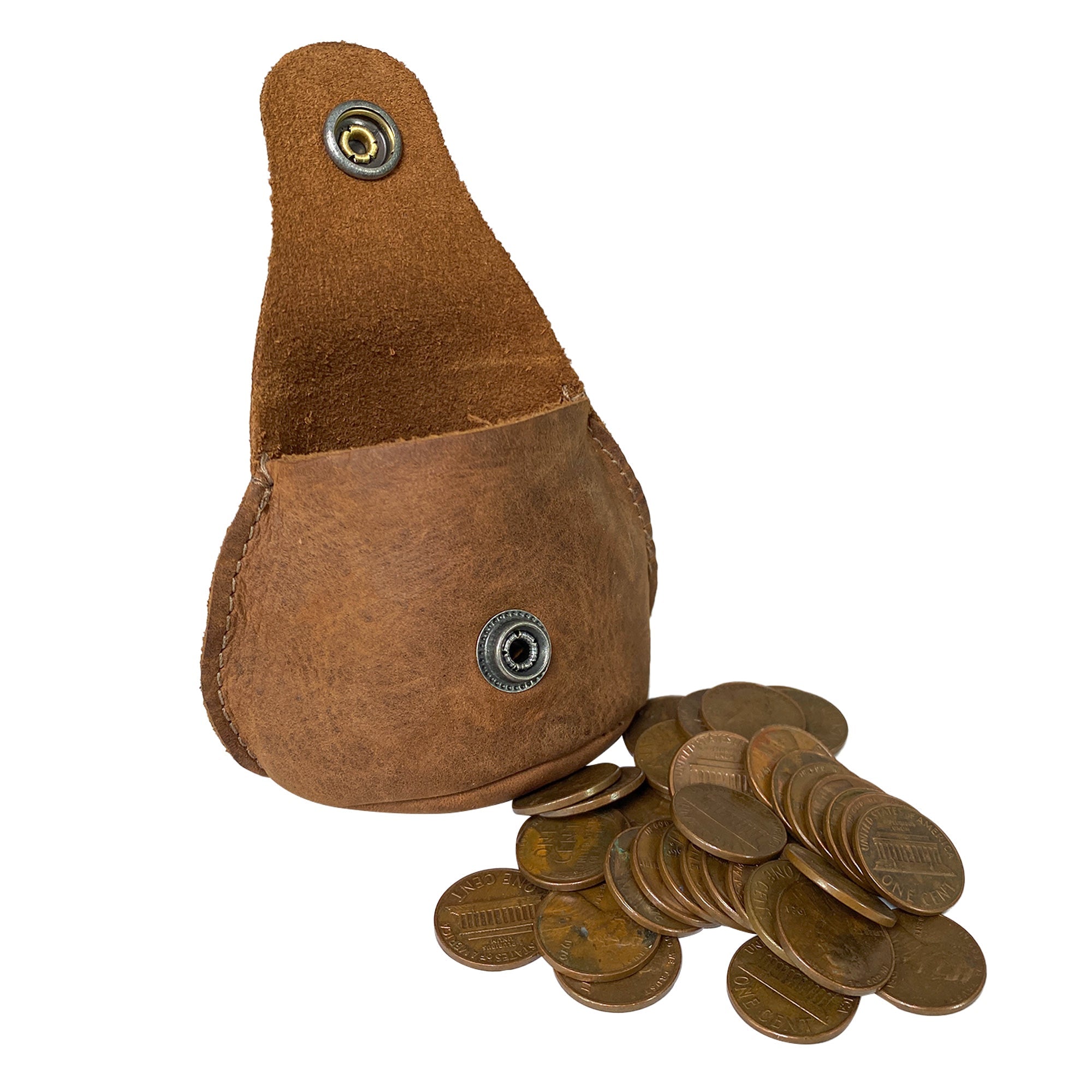 Simple Coin Pouch by Hide & Drink, showing coins spilling out to emphasize its utility. Crafted from durable Full Grain Leather, it works beautifully as an EarPods Case, SD Card Holder, and Cash Organizer. This artisan piece reflects StockyardX's small-batch production standards and is handmade in La Antigua Guatemala & Oaxaca Mexico.
