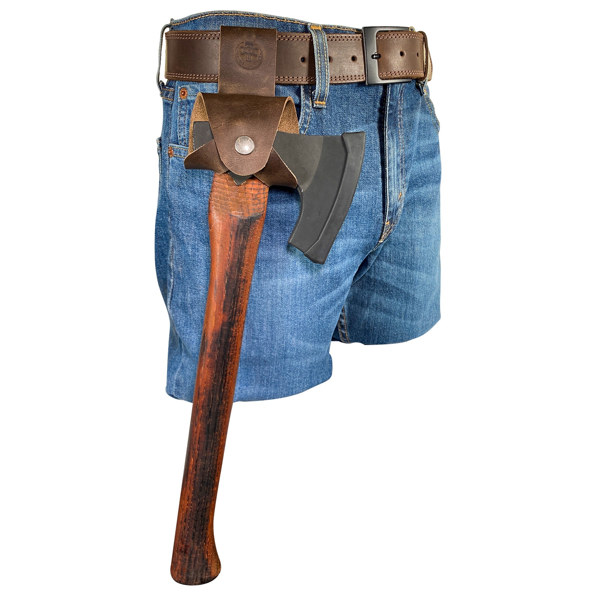 Axe Holster by Valhalla Gear, designed to provide secure storage for axes while on the go. This Axe Holster for Belt - Protector Case also works as a small axe blade safety sleeve, making it a must-have camping accessory. Constructed from durable full grain leather, it's an essential component for lumberjack outdoor gear, crafted using small batch production, hand cut, and hand sewn methods. Fire branded for added authenticity, this artisan product is handmade in La Antigua Guatemala & Oaxaca Mexico.