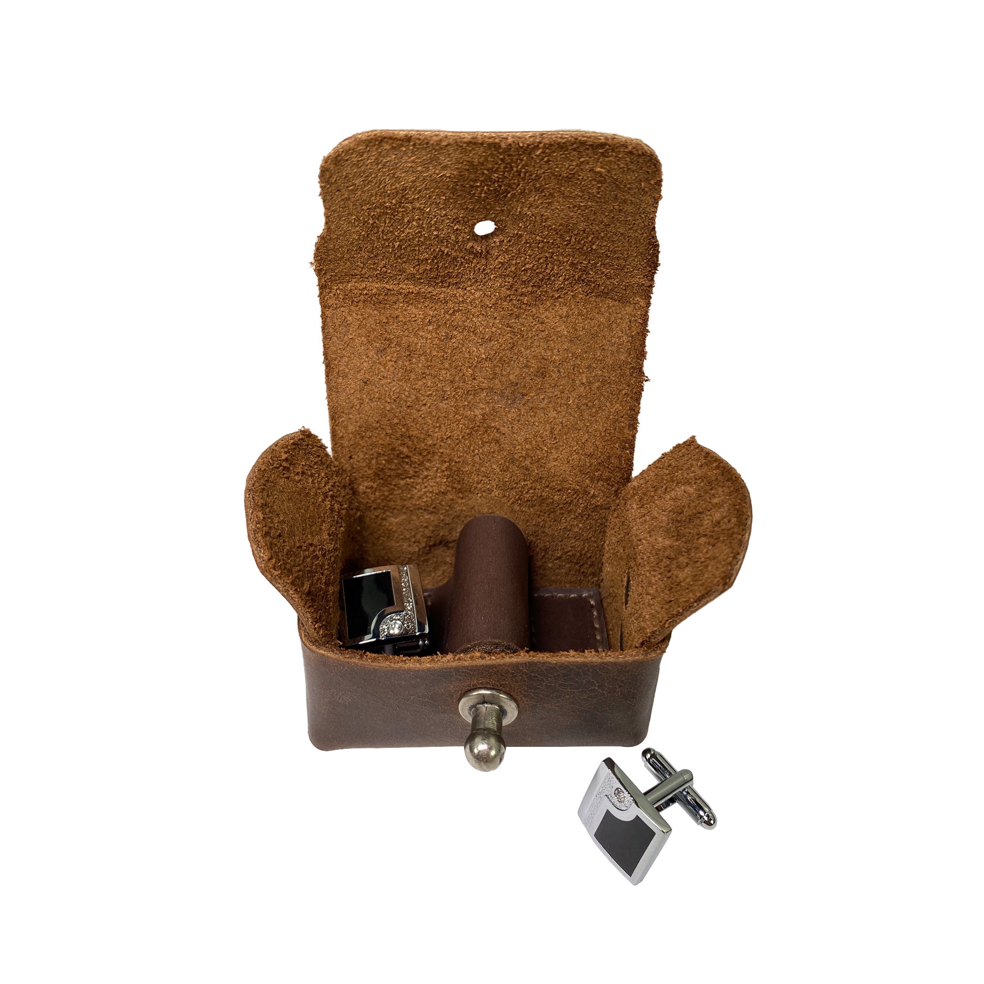 Interior view of a rustic cufflinks case by Hide & Groom, showing its capacity to hold cufflinks securely. A perfect accessory for men, this handmade leather case provides excellent protection for shirt studs. Rustic Cufflinks Case - Protective Storage for Shirt Studs, Men's Accessories, Full Grain Leather, StockyardX, Small Batch Production, Hand Cut, Hand Sewn, Fire Branded, Artisan, Handmade in La Antigua Guatemala & Oaxaca Mexico.