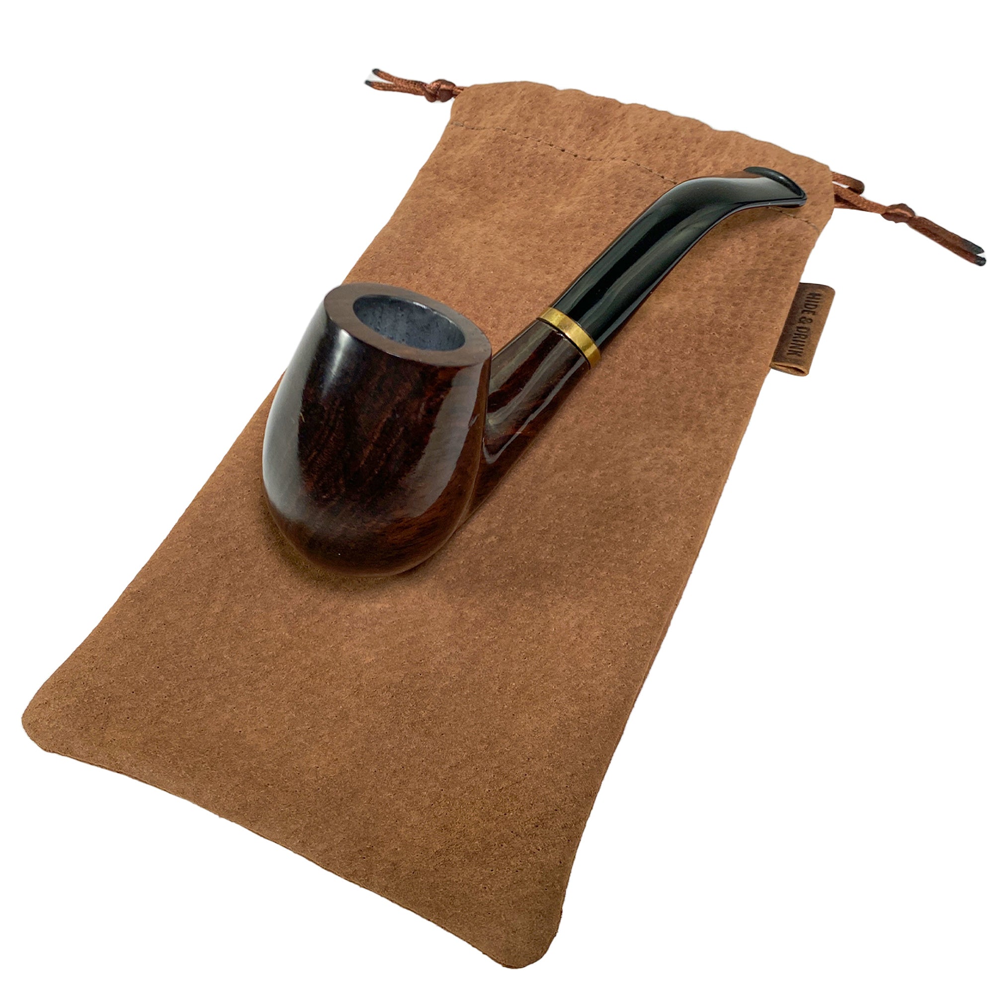 Hide & Drink Drawstring Bag for Pipe, beautifully crafted in sheepskin leather. This handy bag serves as multipurpose storage for your tobacco pipe, representing artisan work from small batch production in Guatemala & Oaxaca.