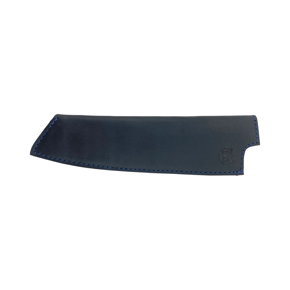 Horizontal view of Hide & Drink's blue Chef Knife Sheath, perfect for 180mm knives; a handmade item emphasizing artisan skill and Thick Full Grain Leather durability.