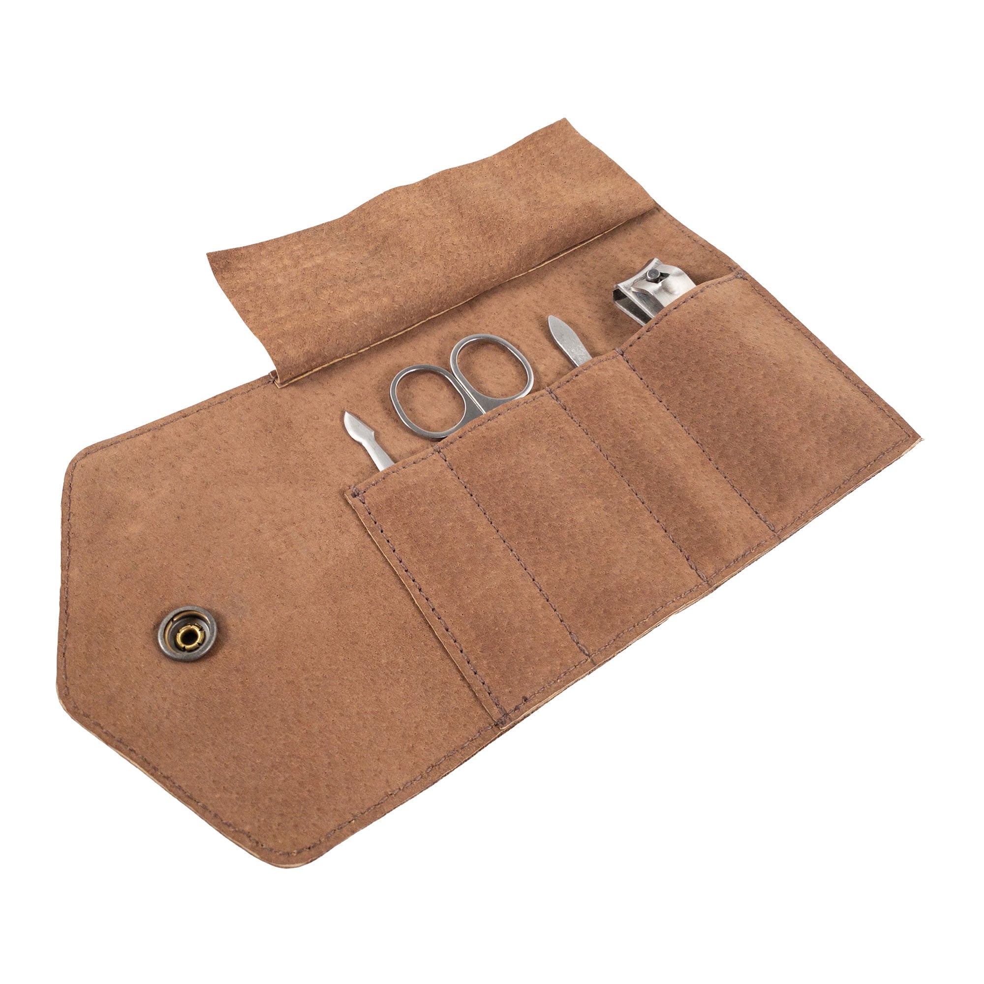 Detail of the interior pockets of the Nail Clipper Roll Case by The Stockyard Exchange, perfect for storing tools and accessories. This Full Grain Leather roll is a versatile Nail Clipper Set Case and a stylish travel accessory. Artisan-crafted in La Antigua Guatemala, showcasing high craftsmanship through hand-cut and hand-sewn techniques.
