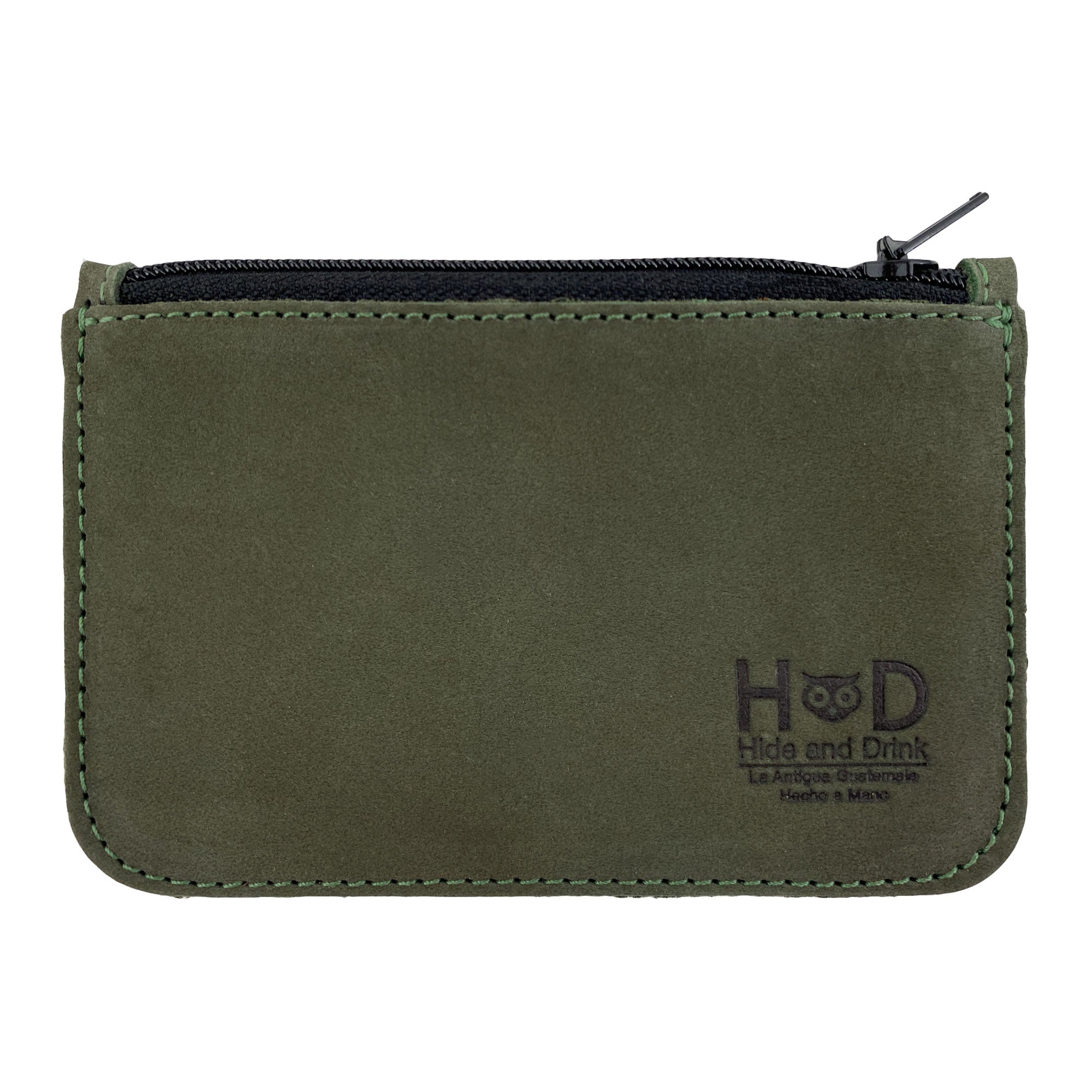 Front view of the Hide & Drink Zippered Wallet, highlighting its durability and elegance with a fire branded logo. This Card Case and Coin Organizer is handmade in La Antigua Guatemala & Oaxaca Mexico from Full Grain Leather.