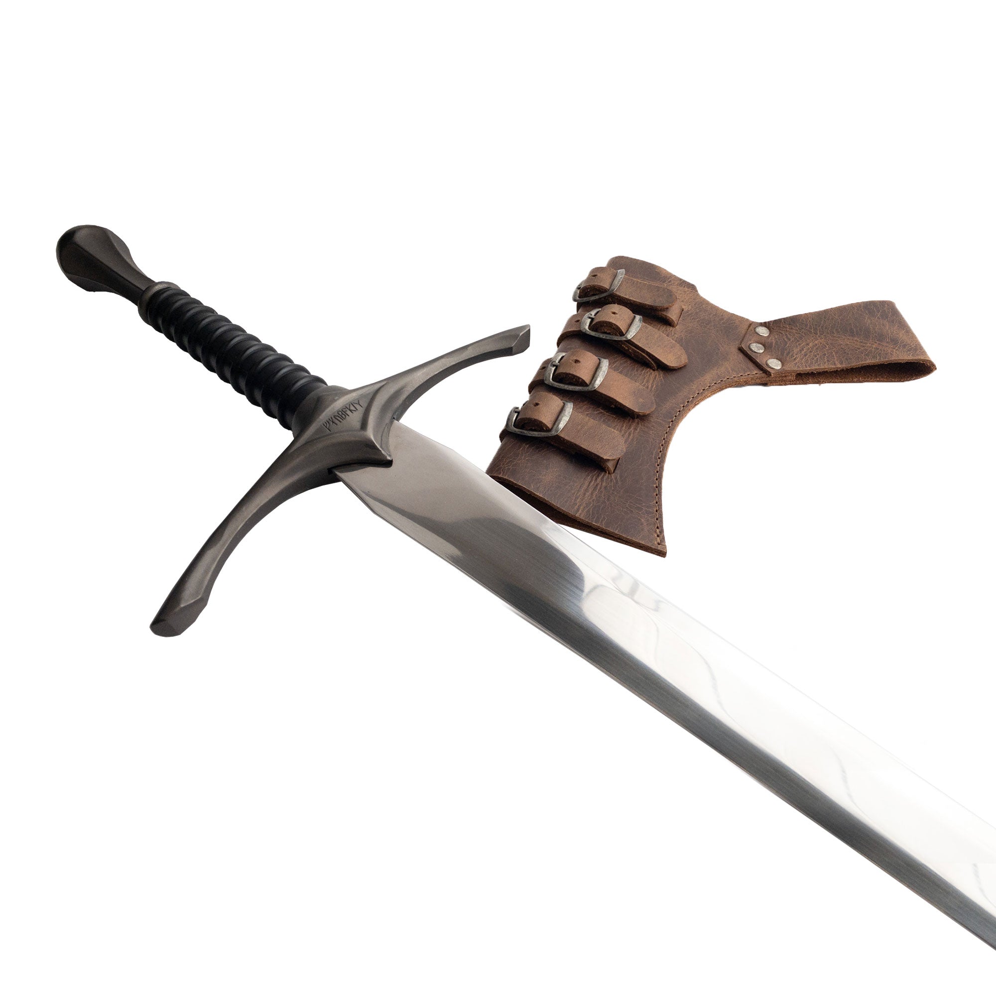 A close-up of the sword and Sword Frog Leather Holder by Hide & Play, showcasing the detailed craftsmanship and sturdy straps. This medieval sword holder is made of full grain leather, perfect for adding flair to cosplay outfits, crafted with small batch production standards in La Antigua Guatemala & Oaxaca Mexico.