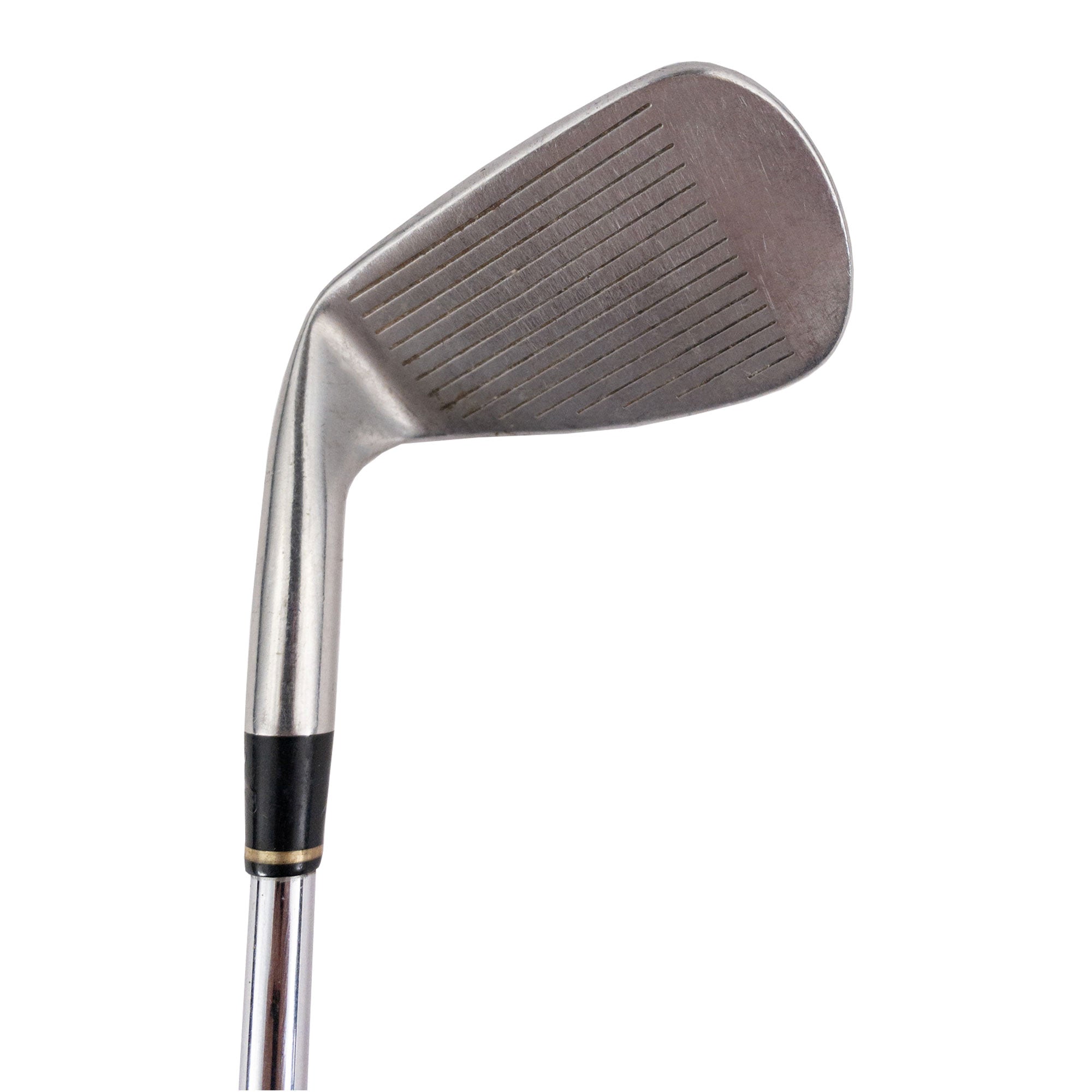 Close-up of a golf iron showcasing the quality of the Hide & Drink Golf Club Cover. This durable head protector is made from full grain leather, designed to be a compact accessory for your caddy. Artisan-crafted in La Antigua Guatemala, the handmade headcover is perfect for outdoor use, featuring small batch production and meticulous hand sewing.
