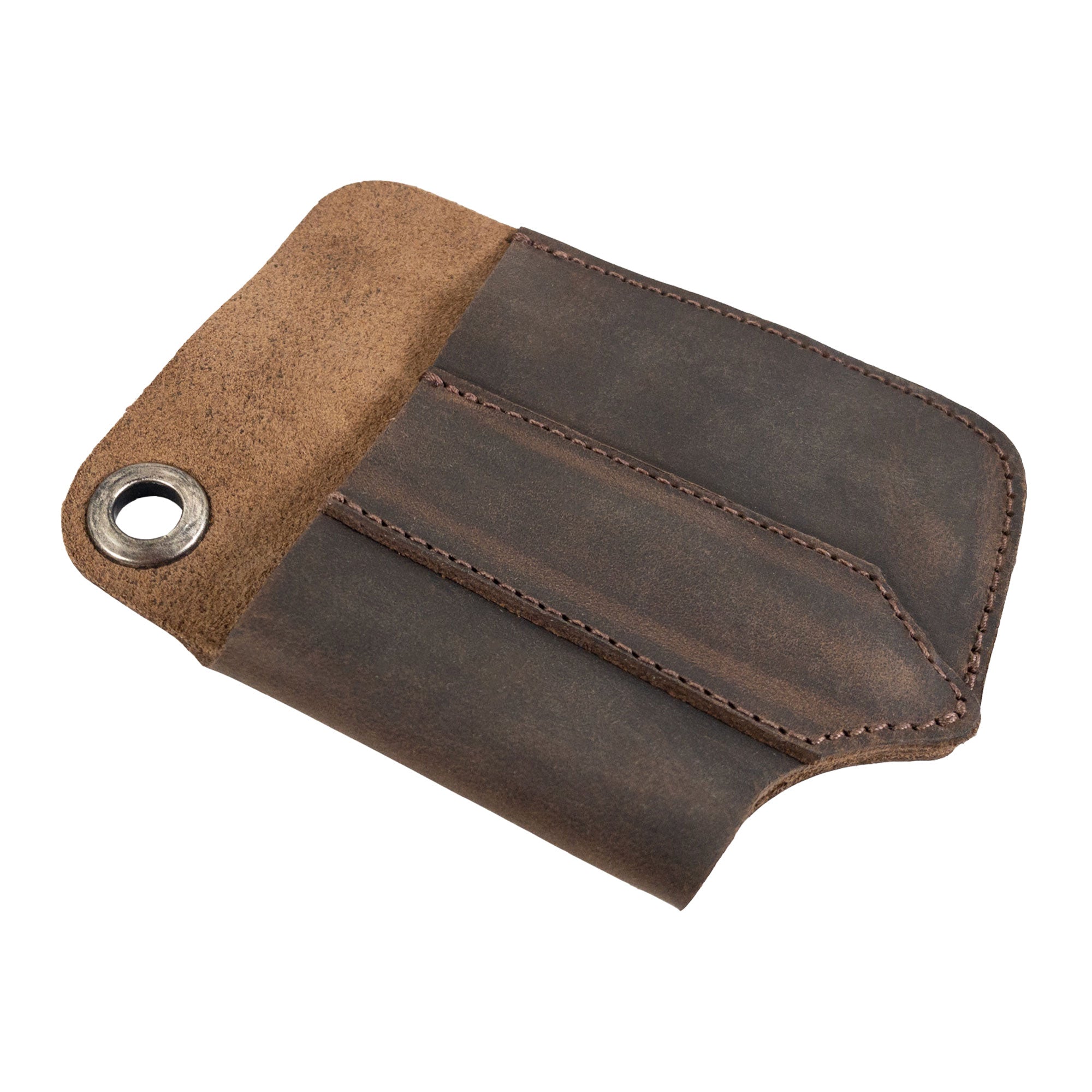 An angled view of the Compact EDC Tool Holster by Valhalla Gear; a stylish essential made from premium full grain leather. This artisan pocket case is a perfect example of a rustic sleeve for tools, showcasing hand cut and hand sewn craftsmanship.