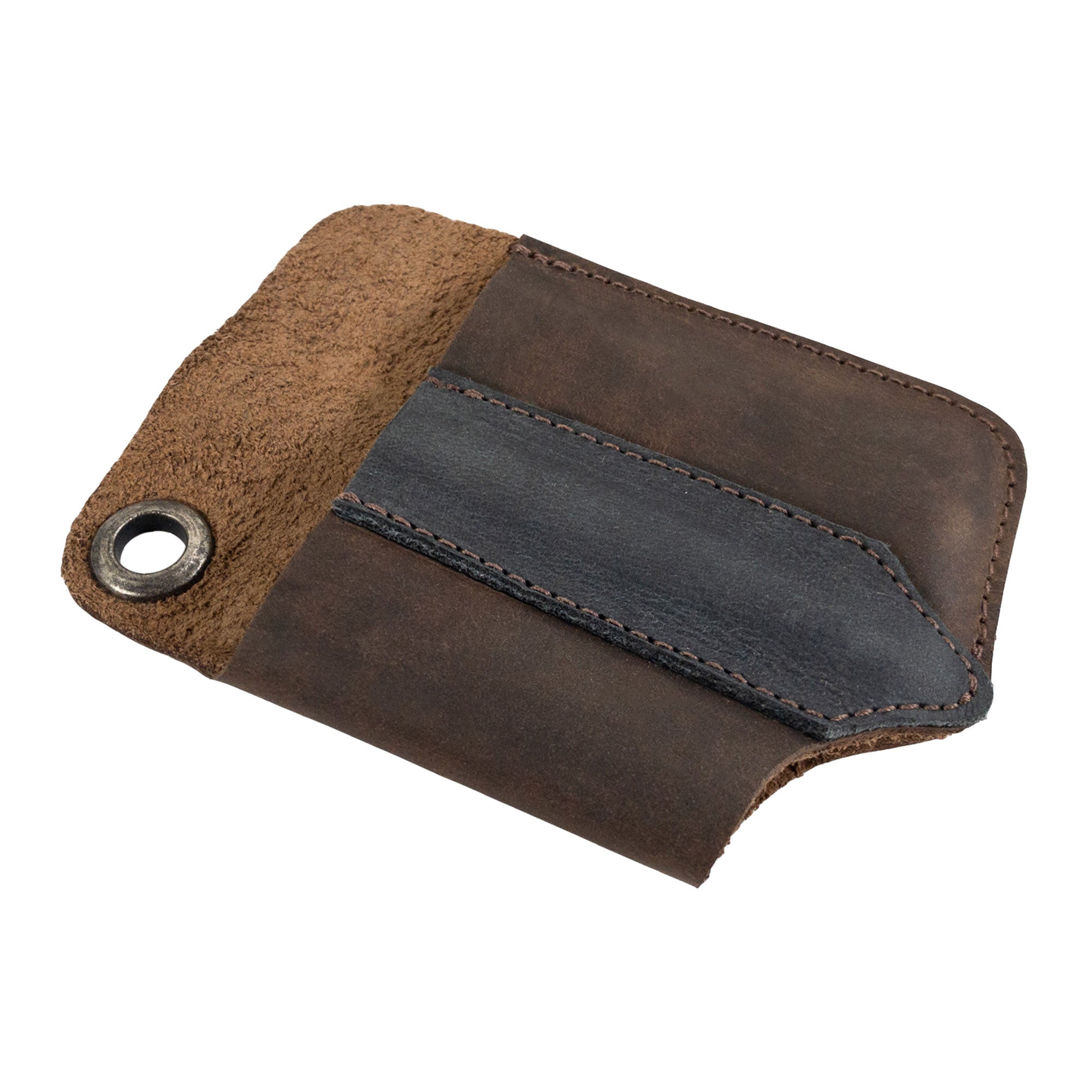 Dimensions of the Compact EDC Tool Holster from Valhalla Gear displayed with measurement details, showcasing its compact size. This artisan-crafted full grain leather pocket case serves as a stylish rustic sleeve for tools.