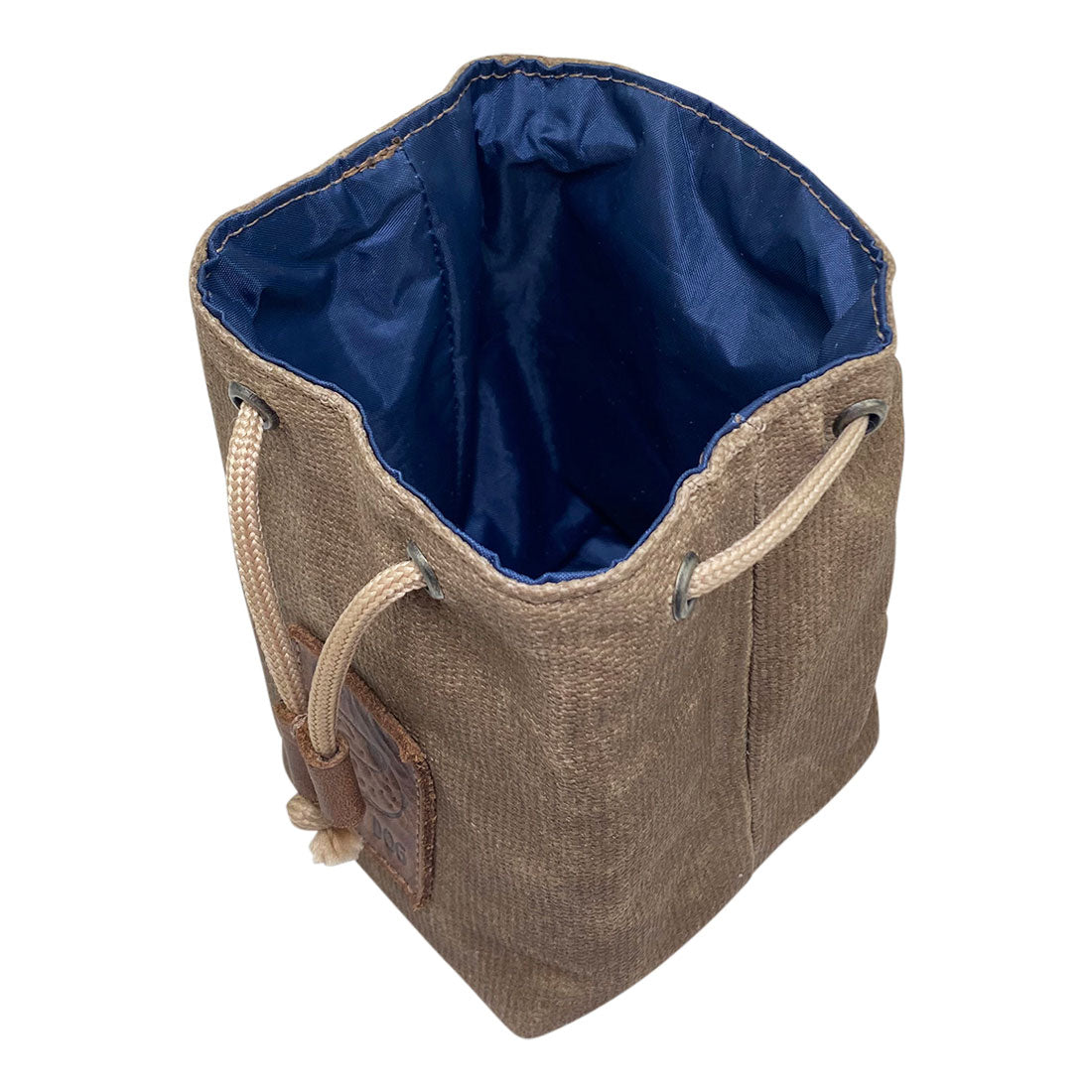 Top view inside the Taco Dog Treat Training Bag showing its spacious interior lined for storing treats. This durable pouch is part of small batch production, handcrafted by artisans in La Antigua Guatemala, ideal for dog trainers.