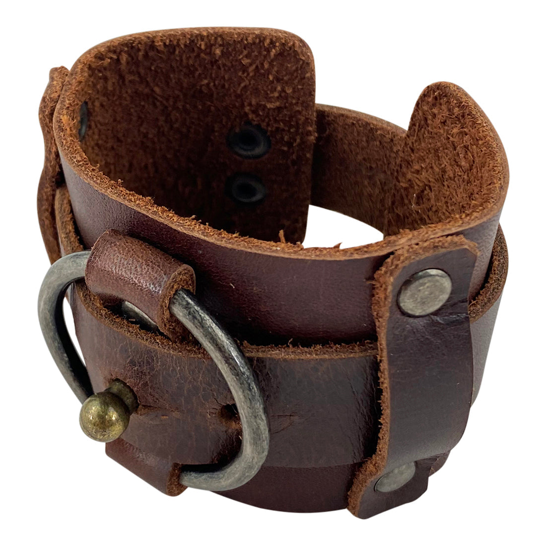 Detailed view of the Hide & Drink Wristband capturing its exquisite leather texture and design intricacies. This unique Wristband with Ring Decoration Full Grain Leather belongs to the StockyardX collection, emphasizing small batch production. Each piece is hand cut, hand sewn, and fire branded by artisans geared towards excellence in La Antigua Guatemala & Oaxaca Mexico.