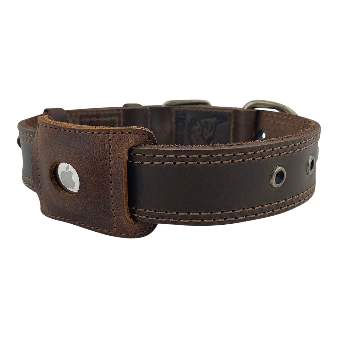 The Rustic AirTag Sleeve for Dog Collar 1.25" Wide by Taco Dog displayed on a dog collar, highlighting its secure fit. This collar accessory made of full grain leather helps prevent loss and accidents by securely holding your AirTag, handmade in La Antigua Guatemala.