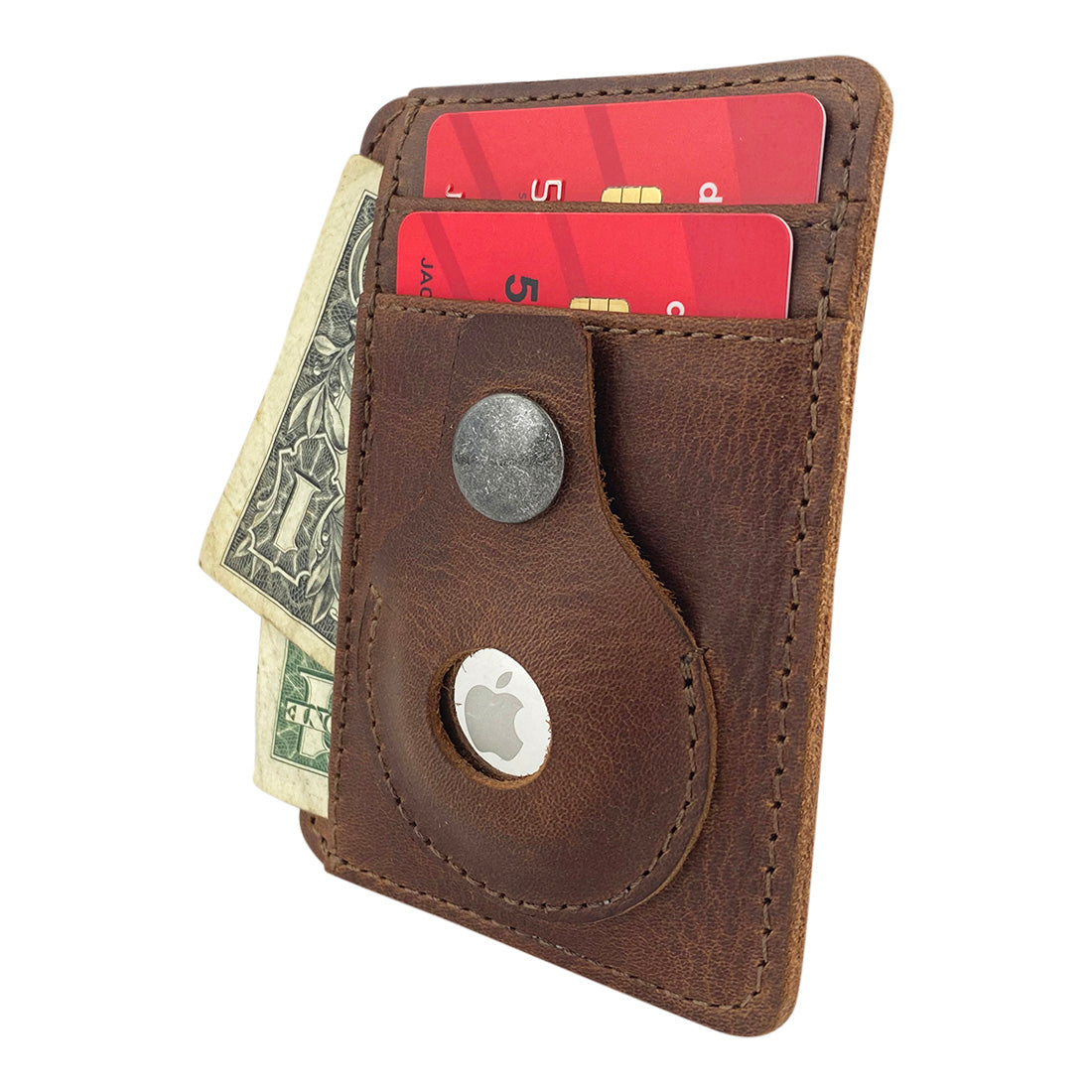 A side view of the AirTag Vertical Card Holder by Hide & Drink, filled with cards, showing the impressive organization in Full Grain Leather. This artisan product is handmade in La Antigua Guatemala & Oaxaca Mexico, celebrating small batch production with hand cut and hand sewn craftsmanship.