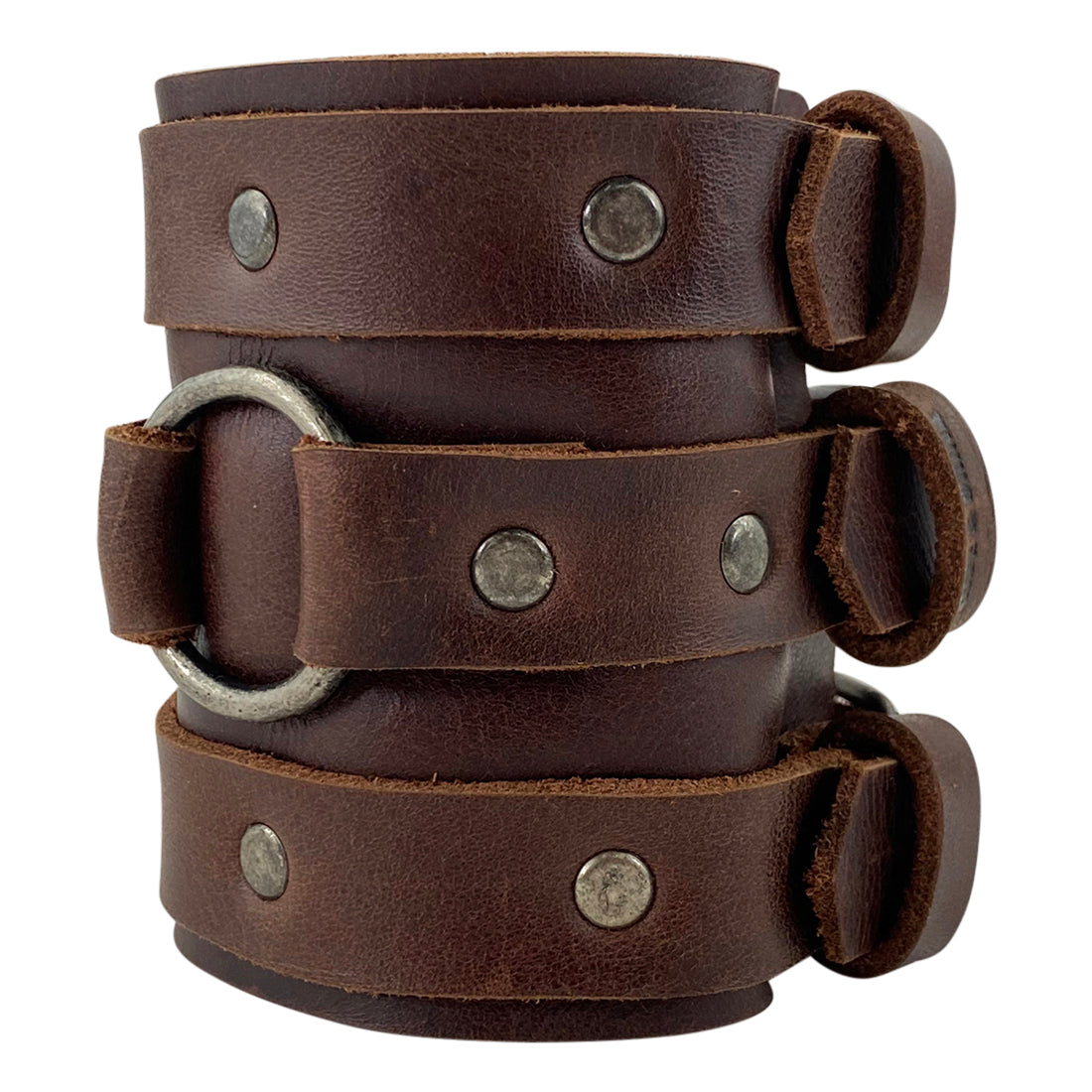 Detailed view of the 3 Buckle Bracelet by Hide & Drink, showing the quality craftsmanship and stylish design. This trendy men’s accessory is a handmade full grain leather wristband that’s both adjustable and durable.