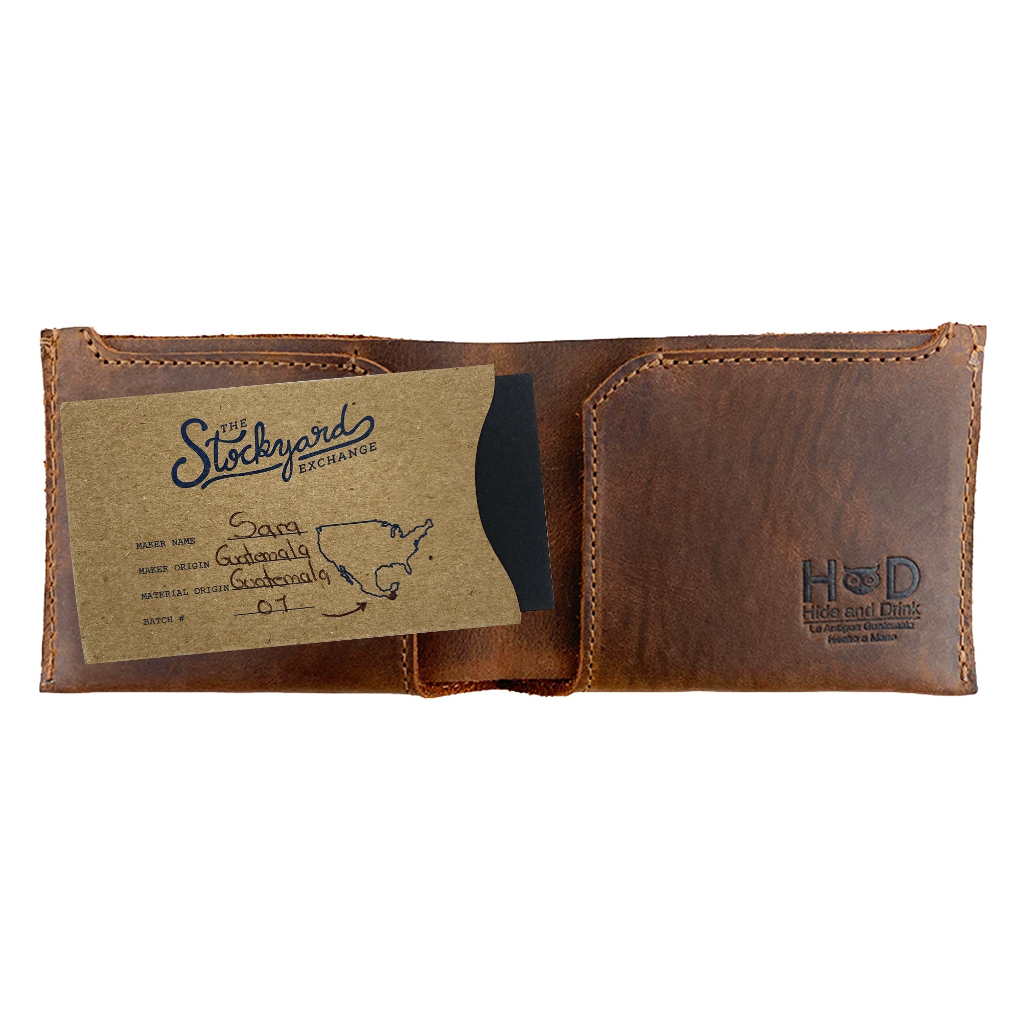 Hide & Drink Classic Wallet with a tag, emphasizing its handmade origin and unique story, blending functionality with artisan skills. Classic Wallet, Card Organizer, Money Holder, Vintage Pocket, Travel Accessories, Full Grain Leather, StockyardX, Small Batch Production, Hand Cut, Hand Sewn, Fire Branded, Artisan, Handmade in La Antigua Guatemala & Oaxaca Mexico.