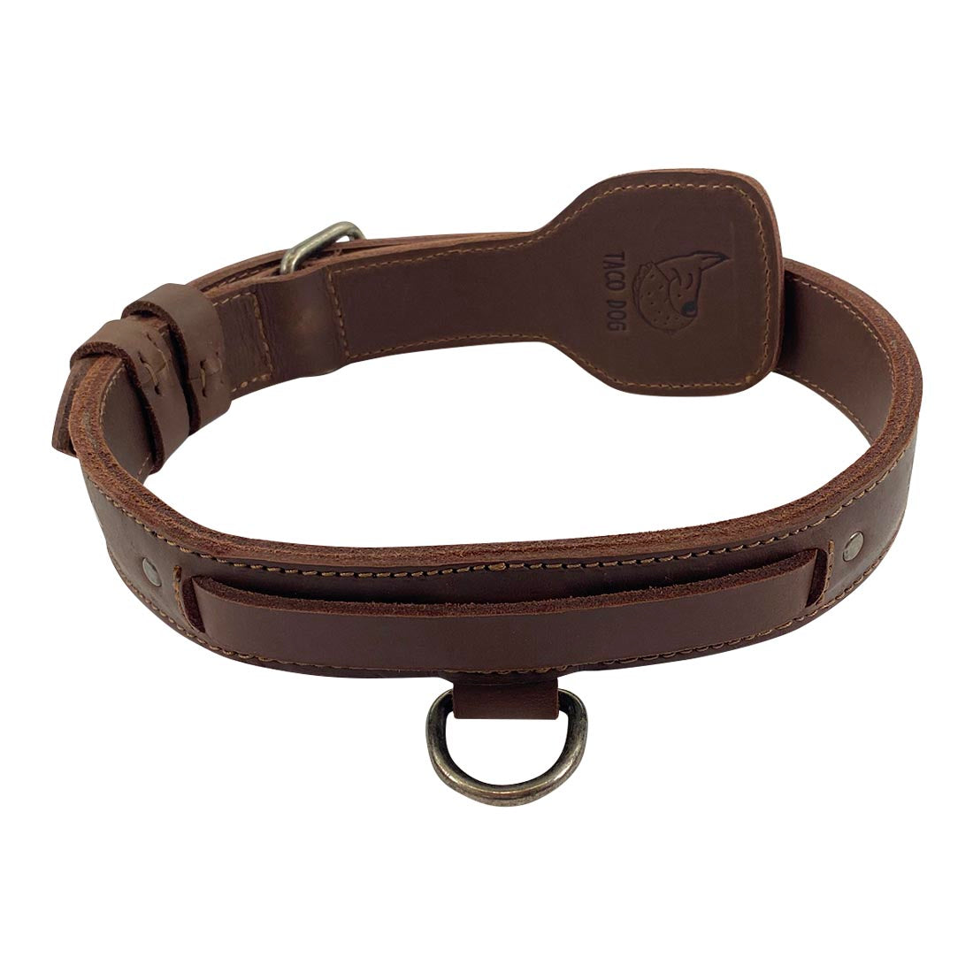 Back view of Taco Dog's Dog Collar with Handle, showcasing its sturdy leather construction. This Dog Collar with Handle is perfect for training and walking pets of all sizes. With 6 adjustable holes and heavy-duty hardware, this full grain leather collar combines durability and style, made with handmade care in La Antigua Guatemala.