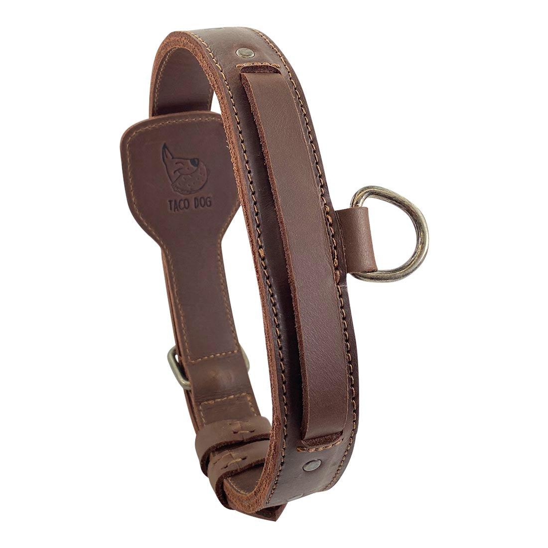 Taco Dog's stylish Dog Collar with Handle, featuring an easy-to-use handle perfect for training. Ideal for all dog sizes, this Dog Collar with Handle ensures comfort and safety with durable hardware and 6 adjustable holes. Each collar is handmade in La Antigua Guatemala from high-quality full grain leather.
